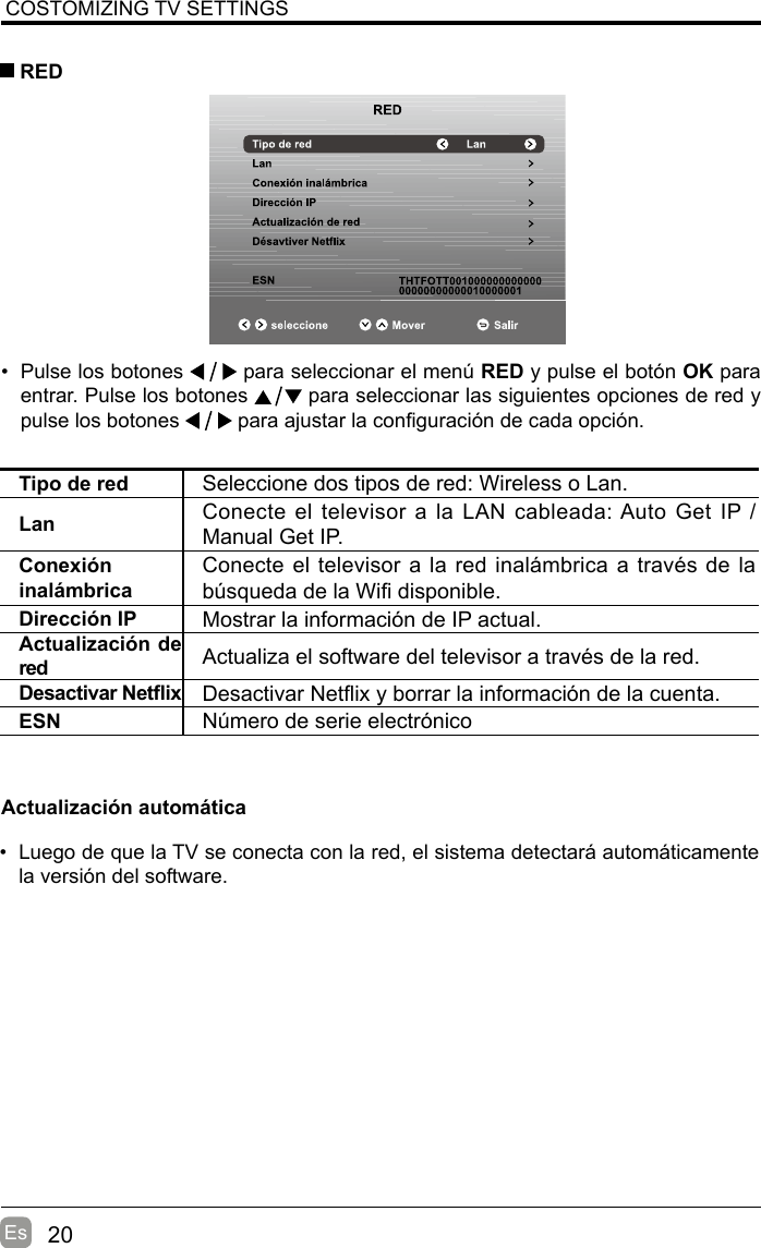 20Es•  Pulse los botones   para seleccionar el menú RED y pulse el botón OK para entrar. Pulse los botones   para seleccionar las siguientes opciones de red y pulse los botones   para ajustar la conguración de cada opción. REDTipo de red Seleccione dos tipos de red: Wireless o Lan.Lan Conecte el televisor a la LAN cableada: Auto Get IP / Manual Get IP.Conexión inalámbricaConecte el televisor a la red inalámbrica a través de la búsqueda de la Wi disponible.Dirección IP Mostrar la información de IP actual.Actualización de red Actualiza el software del televisor a través de la red.Desactivar Netix Desactivar Netix y borrar la información de la cuenta.ESN Número de serie electrónicoCOSTOMIZING TV SETTINGSActualización automática•  Luego de que la TV se conecta con la red, el sistema detectará automáticamente la versión del software. 