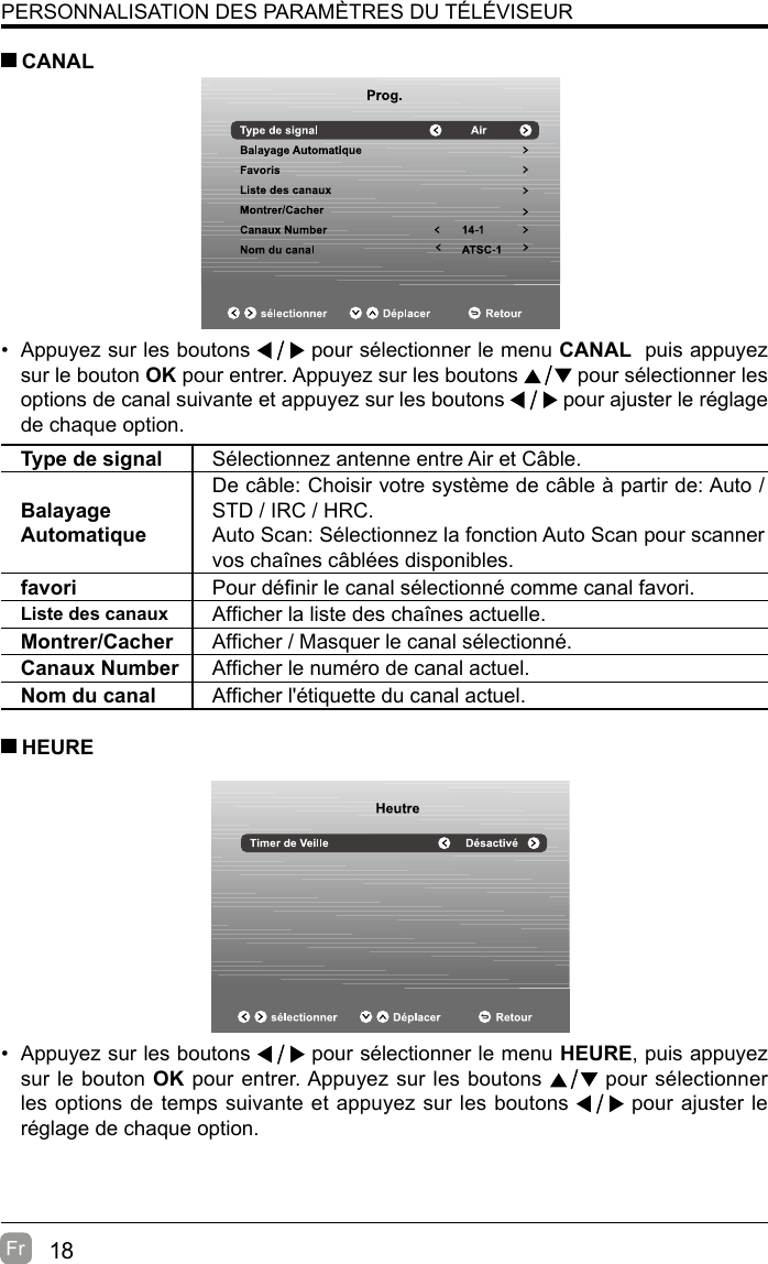 18Fr  PERSONNALISATION DES PARAMÈTRES DU TÉLÉVISEUR•  Appuyez sur les boutons   pour sélectionner le menu CANAL  puis appuyez sur le bouton OK pour entrer. Appuyez sur les boutons   pour sélectionner les options de canal suivante et appuyez sur les boutons   pour ajuster le réglage de chaque option. CANALType de signal Sélectionnez antenne entre Air et Câble.Balayage AutomatiqueDe câble: Choisir votre système de câble à partir de: Auto / STD / IRC / HRC.Auto Scan: Sélectionnez la fonction Auto Scan pour scanner vos chaînes câblées disponibles.favori Pour dénir le canal sélectionné comme canal favori.Liste des canaux Afcher la liste des chaînes actuelle.Montrer/Cacher Afcher / Masquer le canal sélectionné.Canaux Number Afcher le numéro de canal actuel.Nom du canal Afcher l&apos;étiquette du canal actuel.•  Appuyez sur les boutons   pour sélectionner le menu HEURE, puis appuyez sur le bouton OK pour entrer. Appuyez sur les boutons   pour sélectionner les options de temps suivante et appuyez sur les boutons   pour ajuster le réglage de chaque option.   HEURE