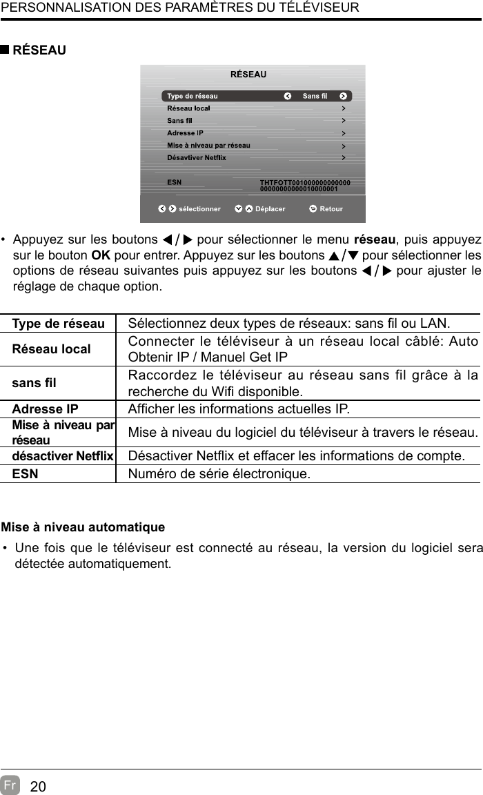 20Fr  •  Appuyez sur les boutons   pour sélectionner le menu réseau, puis appuyez sur le bouton OK pour entrer. Appuyez sur les boutons   pour sélectionner les options de réseau suivantes puis appuyez sur les boutons   pour ajuster le réglage de chaque option. RÉSEAUType de réseau Sélectionnez deux types de réseaux: sans l ou LAN.Réseau local Connecter le téléviseur à un réseau local câblé: Auto Obtenir IP / Manuel Get IPsansl Raccordez le téléviseur au réseau sans fil grâce à la recherche du Wi disponible.Adresse IP Afcher les informations actuelles IP.Mise à niveau par réseau Mise à niveau du logiciel du téléviseur à travers le réseau.désactiverNetix Désactiver Netix et effacer les informations de compte.ESN Numéro de série électronique.PERSONNALISATION DES PARAMÈTRES DU TÉLÉVISEURMise à niveau automatique•  Une fois que le téléviseur est connecté au réseau, la version du logiciel sera détectée automatiquement.  