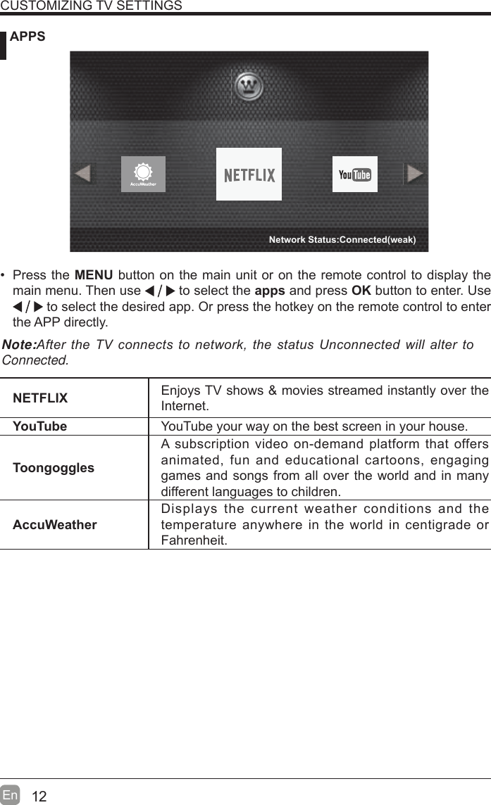 12En   APPSNETFLIX Enjoys TV shows &amp; movies streamed instantly over the Internet.YouTube YouTube your way on the best screen in your house.ToongogglesA subscription video on-demand platform that offers animated, fun and educational cartoons, engaging games and songs from all over the world and in many different languages to children.AccuWeatherDisplays the current weather conditions and the temperature anywhere in the world in centigrade or Fahrenheit.CUSTOMIZING TV SETTINGS Press the MENU button on the main unit or on the remote control to display the main menu. Then use   to select the apps and press OK button to enter. Use  to select the desired app. Or press the hotkey on the remote control to enter the APP directly.Note:$IWHUWKH79FRQQHFWVWRQHWZRUN WKHVWDWXV8QFRQQHFWHGZLOODOWHUWRConnected.Network Status:Connected(weak)