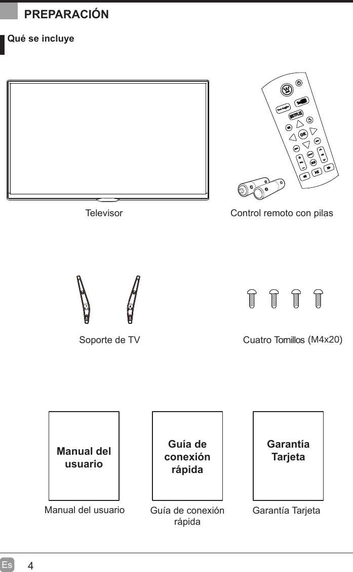 4EsManual del usuarioManual del usuario Qué se incluyeControl remoto con pilasSoporte de TVTelevisorCuatro TornillosGuta de conexión ripidaGuía de conexión rápidaPREPARACIÓNGarantta TarjetaGarantíaTarjeta(M4x20)