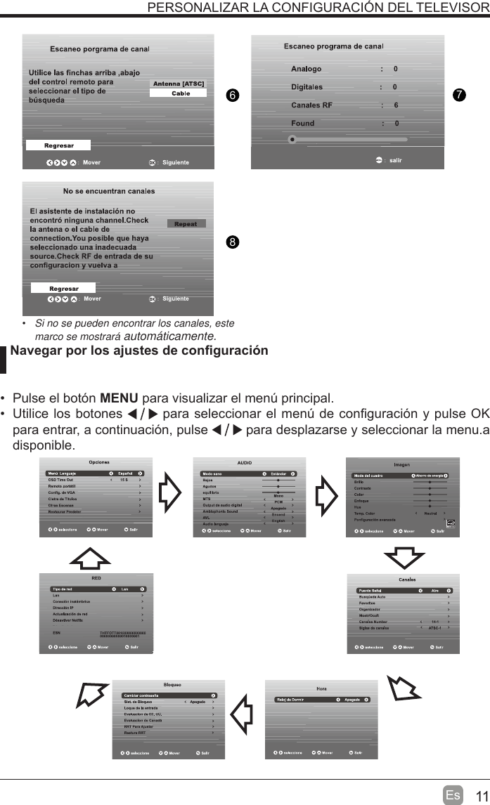 11Es876PERSONALIZAR LA CONFIGURACIÓN DEL TELEVISOR Navegar por los ajustes de con¿guración  Pulse el botón MENU para visualizar el men~ principal.  Utilice los botones   para seleccionar el men~ de con¿guración y pulse OK para entrar, a continuación, pulse   para desplazarse y seleccionar la menu.a disponible. Si no se pueden encontrar los canales, este marco se mostrará automáticamente.