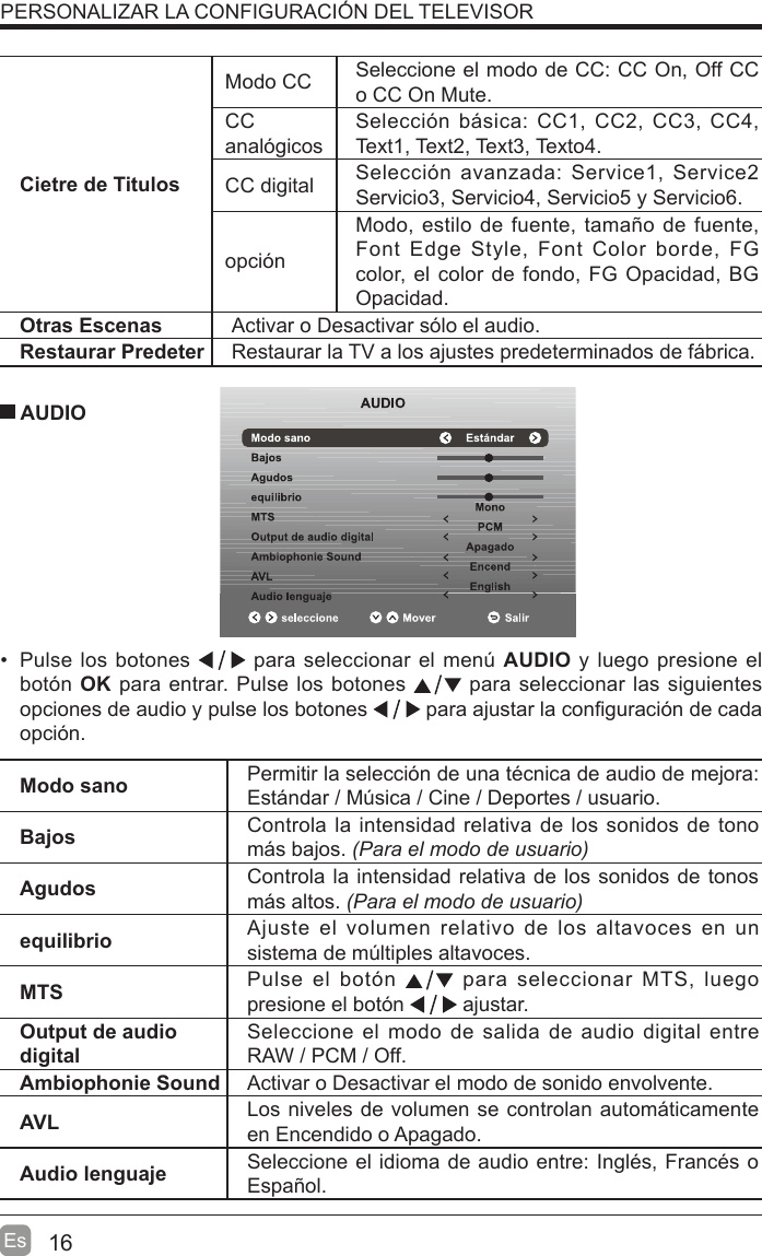 16EsCietre de TitulosModo CC Seleccione el modo de CC: CC On, Off CC o CC On Mute.CC analógicosSelección bisica: CC1, CC2, CC3, CC4, Text1, Text2, Text3, Texto4.CC digital Selección avanzada: Service1, Service2 Servicio3, Servicio4, Servicio5 y Servicio6.opciónModo, estilo de fuente, tamaño de fuente, Font Edge Style, Font Color borde, FG color, el color de fondo, FG Opacidad, BG Opacidad.Otras Escenas Activar o Desactivar sólo el audio.Restaurar Predeter Restaurar la TV a los ajustes predeterminados de fibrica.  Pulse los botones   para seleccionar el men~ AUDIO y luego presione el botón OK para entrar. Pulse los botones   para seleccionar las siguientes opciones de audio y pulse los botones   para ajustar la con¿guración de cada opción. AUDIOModo sano Permitir la selección de una técnica de audio de mejora: Estindar / M~sica / Cine / Deportes / usuario.Bajos Controla la intensidad relativa de los sonidos de tono mis bajos.3DUDHOPRGRGHXVXDULRAgudos Controla la intensidad relativa de los sonidos de tonos mis altos.3DUDHOPRGRGHXVXDULRequilibrio Ajuste el volumen relativo de los altavoces en un sistema de m~ltiples altavoces.MTS Pulse el botón   para seleccionar MTS, luego presione el botón   ajustar.Output de audio digitalSeleccione el modo de salida de audio digital entre RAW / PCM / Off.Ambiophonie Sound Activar o Desactivar el modo de sonido envolvente.AVL Los niveles de volumen se controlan automiticamente en Encendido o Apagado.Audio lenguaje Seleccione el idioma de audio entre: Inglés, Francés o Español.PERSONALIZAR LA CONFIGURACIÓN DEL TELEVISOR 