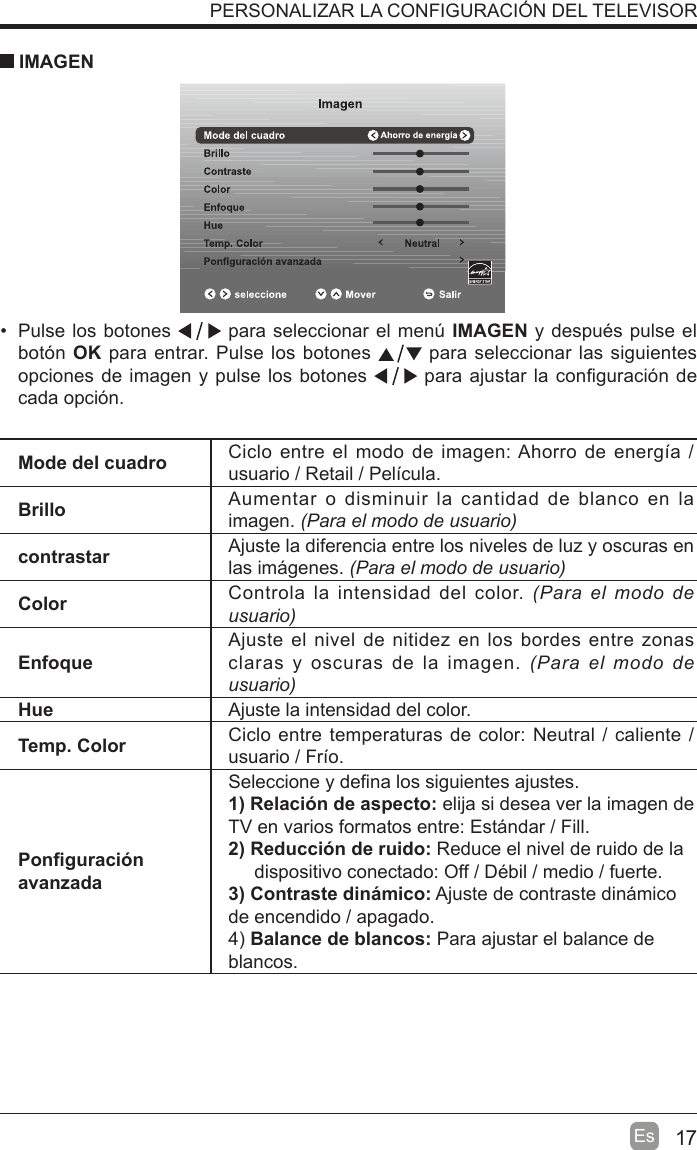 17Es  Pulse los botones   para seleccionar el men~ IMAGEN y después pulse el botón OK para entrar. Pulse los botones   para seleccionar las siguientes opciones de imagen y pulse los botones   para ajustar la con¿guración de cada opción. IMAGENMode del cuadro Ciclo entre el modo de imagen: Ahorro de energta / usuario / Retail / Peltcula.Brillo Aumentar o disminuir la cantidad de blanco en la imagen. 3DUDHOPRGRGHXVXDULRcontrastar Ajuste la diferencia entre los niveles de luz y oscuras en las imigenes.3DUDHOPRGRGHXVXDULRColor Controla la intensidad del color. 3DUDHOPRGRGHXVXDULREnfoqueAjuste el nivel de nitidez en los bordes entre zonas claras y oscuras de la imagen.3DUDHOPRGRGHXVXDULRHue Ajuste la intensidad del color.Temp. Color  Ciclo entre temperaturas de color: Neutral / caliente / usuario / Frto.Pon¿guración avanzadaSeleccione y de¿na los siguientes ajustes.1) Relación de aspecto: elija si desea ver la imagen de TV en varios formatos entre: Estindar / Fill.2) Reducción de ruido: Reduce el nivel de ruido de la     dispositivo conectado: Off / Débil / medio / fuerte.3) Contraste dinámico: Ajuste de contraste dinimico de encendido / apagado.4 Balance de blancos: Para ajustar el balance de blancos.PERSONALIZAR LA CONFIGURACIÓN DEL TELEVISOR 