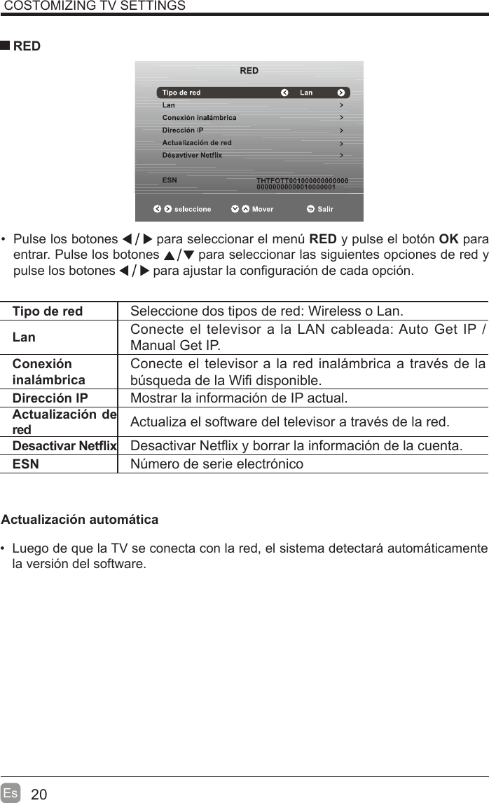 20Es Pulse los botones   para seleccionar el men~ RED y pulse el botón OK para entrar. Pulse los botones   para seleccionar las siguientes opciones de red y pulse los botones   para ajustar la con¿guración de cada opción. REDTipo de red Seleccione dos tipos de red: Wireless o Lan.Lan Conecte el televisor a la LAN cableada: Auto Get IP / Manual Get IP.Conexión inalámbricaConecte el televisor a la red inalimbrica a través de la b~squeda de la Wi¿ disponible.Dirección IP Mostrar la información de IP actual.Actualización de red Actualiza el softZare del televisor a través de la red.Desactivar NetÀix Desactivar NetÀix y borrar la información de la cuenta.ESN N~mero de serie electrónicoCOSTOMIZING TV SETTINGSActualización automática  Luego de que la TV se conecta con la red, el sistema detectari automiticamente la versión del softZare. 