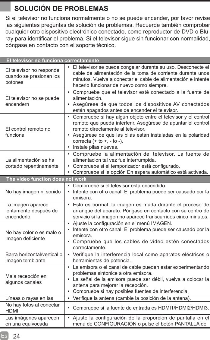 24EsSOLUCIÓN DE PROBLEMASSi el televisor no funciona normalmente o no se puede encender, por favor revise las siguientes preguntas de solución de problemas. Recuerde también comprobar cualquier otro dispositivo electrónico conectado, como reproductor de DVD o Blu-ray para identi¿car el problema. Si el televisor sigue sin funcionar con normalidad, póngase en contacto con el soporte técnico.El televisor no   funciona correctamenteEl televisor no responde cuando se presionan los botones  El televisor se puede congelar durante su uso. Desconecte el cable de alimentación de la toma de corriente durante unos minutos. Vuelva a conectar el cable de alimentación e intente hacerlo funcionar de nuevo como siempre.El televisor no   se puede encendern  Compruebe que el televisor esté conectado a la fuente de alimentación. Aseg~rese de que todos los dispositivos AV conectados estén apagados antes de encender el televisor.El control remoto no funciona  Compruebe si hay alg~n objeto entre el televisor y el control remoto que pueda interferir. Aseg~rese de apuntar el control remoto directamente al televisor. Aseg~rese de que las pilas estin instaladas en la polaridad correcta (+ to +, - to -.   Instale pilas nuevas. La alimentación se ha cortado repentinamente  Compruebe la alimentación del televisor. La fuente de alimentación tal vez fue interrumpida.  Compruebe si el temporizador esti con¿gurado.  Compruebe si la opción En espera automitico esti activada. The video function does not workNo hay imagen ni sonido  Compruebe si el televisor esti encendido.  Intente con otro canal. El problema puede ser causado por la emisora.La imagen aparece lentamente después de encenderlo  Esto es normal, la imagen es muda durante el proceso de arranque del aparato. Póngase en contacto con su centro de servicio si la imagen no aparece transcurridos cinco minutos.No hay color o es malo o imagen de¿ciente  Ajuste la con¿guración en el men~ IMAGEN.  Intente con otro canal. El problema puede ser causado por la emisora.  Compruebe que los cables de video estén conectados correctamente.Barra horizontal/vertical o imagen temblante  Verifique la interferencia local como aparatos eléctricos o herramientas de potencia.Mala recepción en algunos canales La emisora   o el canal de cable pueden estar experimentando problemas;sintonice a otra emisora.  La señal de la emisora puede ser débil, vuelva a colocar la antena para mejorar la recepción.  Compruebe si hay posibles fuentes de interferencia.Ltneas o rayas en las  Veri¿que la antena (cambie la posición de la antena.No hay fotos al conectarHDMI   Compruebe si la fuente de entrada es HDMI1/HDMI2/HDMI3.Las imigenes aparecen en una equivocada  Ajuste la configuración de la proporción de pantalla en el men~ de CONFIGURACIÓN o pulse el botón PANTALLA del