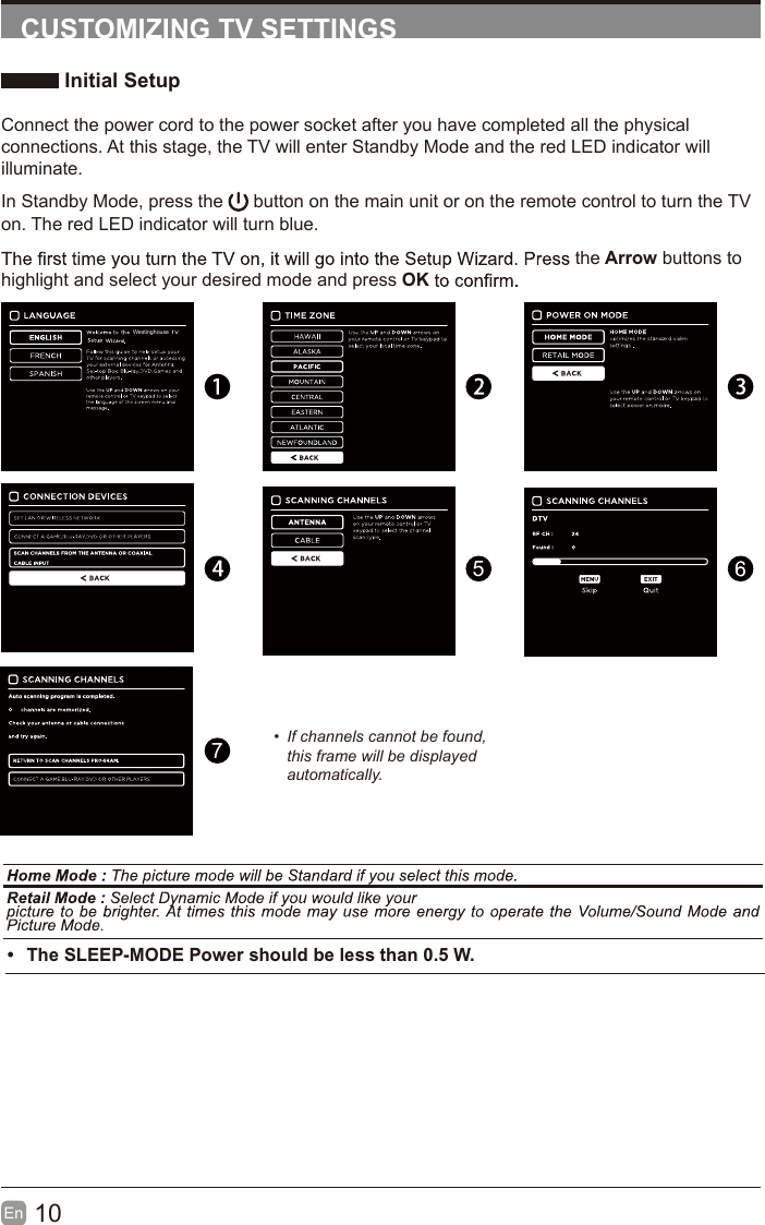 10En  CUSTOMIZING TV SETTINGS Initial SetupConnect the power cord to the power socket after you have completed all the physical connections. At this stage, the TV will enter Standby Mode and the red LED indicator will illuminate. In Standby Mode, press the   button on the main unit or on the remote control to turn the TV on. The red LED indicator will turn blue.the Arrow buttons to highlight and select your desired mode and press OK57•  If channels cannot be found, this frame will be displayed automatically. •  The SLEEP-MODE Power should be less than 0.5 W.Westinghouse