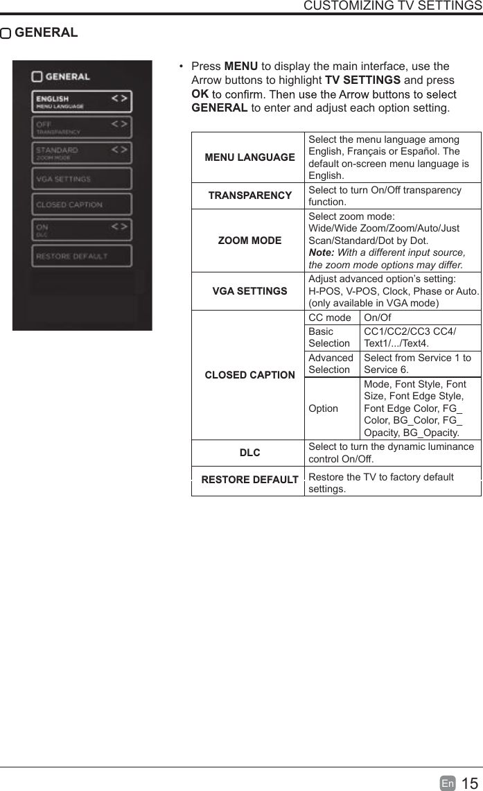15En  CUSTOMIZING TV SETTINGS GENERAL•  Press MENU to display the main interface, use the Arrow buttons to highlight TV SETTINGS and press OKGENERAL to enter and adjust each option setting.  MENU LANGUAGESelect the menu language among English, Français or Español. The default on-screen menu language is English.TRANSPARENCY Select to turn On/Off transparency function.ZOOM MODESelect zoom mode: Wide/Wide Zoom/Zoom/Auto/Just Scan/Standard/Dot by Dot.Note: With a different input source, the zoom mode options may differ.VGA SETTINGSAdjust advanced option’s setting: H-POS, V-POS, Clock, Phase or Auto. (only available in VGA mode)CLOSED CAPTIONCC mode On/OfBasic SelectionCC1/CC2/CC3 CC4/Text1/.../Text4.Advanced SelectionSelect from Service 1 to Service 6.OptionMode, Font Style, Font Size, Font Edge Style, Font Edge Color, FG_Color, BG_Color, FG_Opacity, BG_Opacity. DLC Select to turn the dynamic luminance control On/Off.RESTORE DEFAULT Restore the TV to factory default settings.