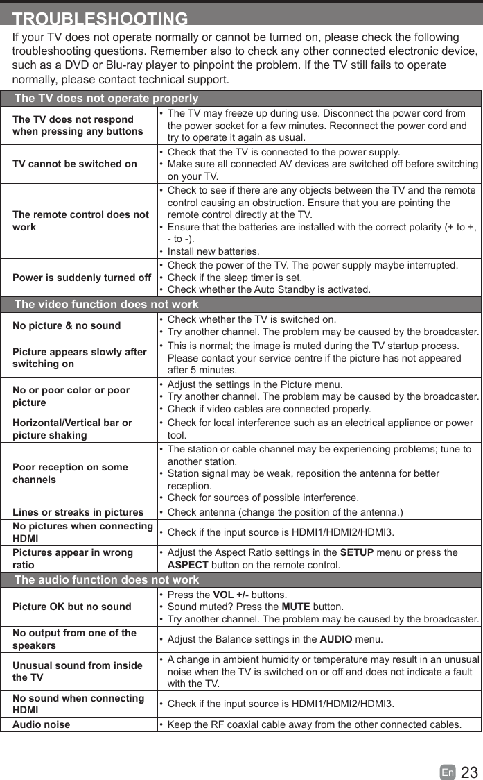 23En  TROUBLESHOOTINGIf your TV does not operate normally or cannot be turned on, please check the following troubleshooting questions. Remember also to check any other connected electronic device, such as a DVD or Blu-ray player to pinpoint the problem. If the TV still fails to operate normally, please contact technical support.The TV does not operate properlyThe TV does not respond when pressing any buttons•  The TV may freeze up during use. Disconnect the power cord from the power socket for a few minutes. Reconnect the power cord and try to operate it again as usual.TV cannot be switched on•  Check that the TV is connected to the power supply.•  Make sure all connected AV devices are switched off before switching on your TV.The remote control does not work•  Check to see if there are any objects between the TV and the remote control causing an obstruction. Ensure that you are pointing the remote control directly at the TV.•  Ensure that the batteries are installed with the correct polarity (+ to +, - to -).•  Install new batteries. Power is suddenly turned off•  Check the power of the TV. The power supply maybe interrupted.•  Check if the sleep timer is set.•  Check whether the Auto Standby is activated. The video function does not workNo picture &amp; no sound •  Check whether the TV is switched on.•  Try another channel. The problem may be caused by the broadcaster.Picture appears slowly after switching on•  This is normal; the image is muted during the TV startup process. Please contact your service centre if the picture has not appeared after 5 minutes.No or poor color or poor picture•  Adjust the settings in the Picture menu.•  Try another channel. The problem may be caused by the broadcaster. •  Check if video cables are connected properly.Horizontal/Vertical bar or picture shaking•  Check for local interference such as an electrical appliance or power tool.Poor reception on some channels•  The station or cable channel may be experiencing problems; tune to another station.•  Station signal may be weak, reposition the antenna for better reception. •  Check for sources of possible interference.Lines or streaks in pictures •  Check antenna (change the position of the antenna.)No pictures when connecting HDMI •  Check if the input source is HDMI1/HDMI2/HDMI3.Pictures appear in wrong ratio•  Adjust the Aspect Ratio settings in the SETUP menu or press the ASPECT button on the remote control.The audio function does not workPicture OK but no sound•  Press the VOL +/- buttons. •  Sound muted? Press the MUTE button.•  Try another channel. The problem may be caused by the broadcaster.No output from one of the speakers •  Adjust the Balance settings in the AUDIO menu.Unusual sound from inside the TV•  A change in ambient humidity or temperature may result in an unusual noise when the TV is switched on or off and does not indicate a fault with the TV.No sound when connecting HDMI •  Check if the input source is HDMI1/HDMI2/HDMI3.Audio noise •  Keep the RF coaxial cable away from the other connected cables.