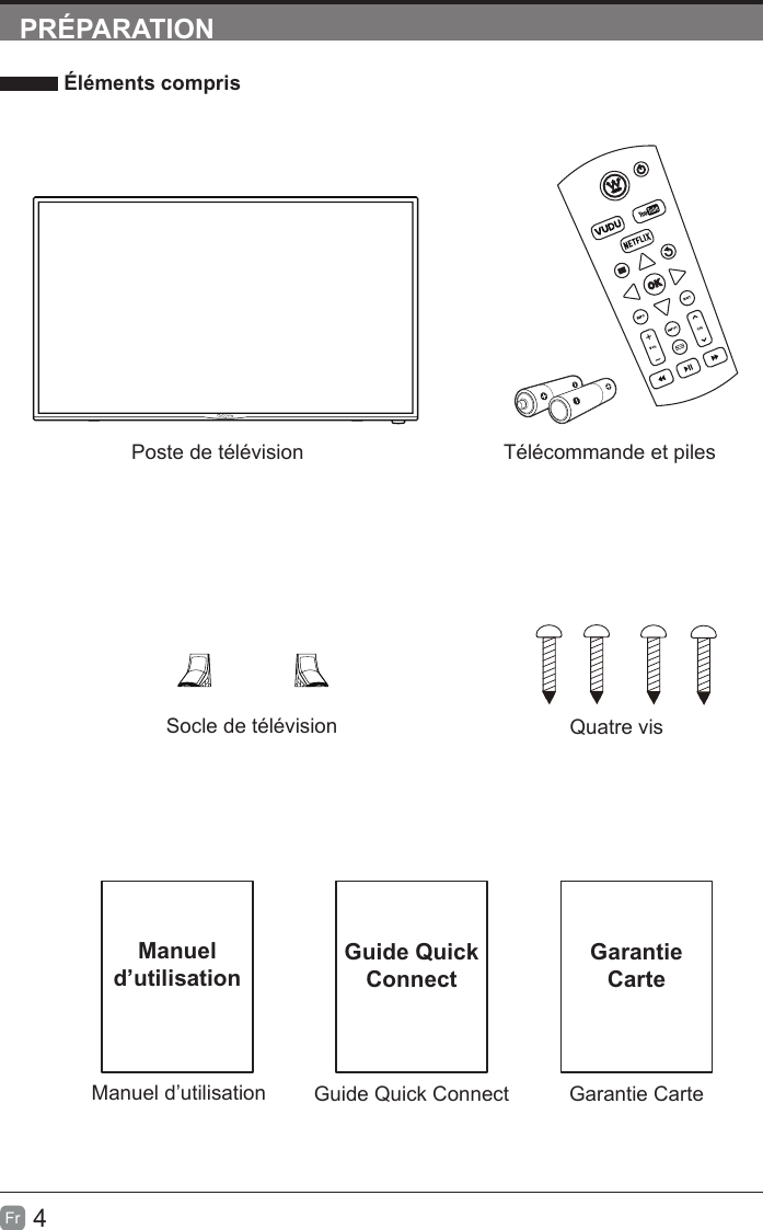 4FrPRÉPARATION Éléments comprisManuel d’utilisationManuel d’utilisationTélécommande et pilesSocle de télévisionPoste de télévisionQuatre visGuide Quick ConnectGuide Quick ConnectGarantie CarteGarantie Carte