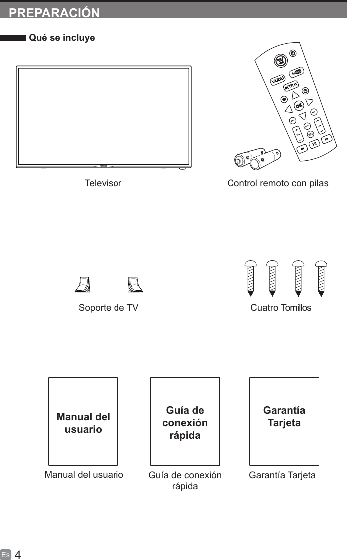 4Es  PREPARACIÓN Qué se incluyeManual del usuarioManual del usuarioControl remoto con pilasSoporte de TVTelevisorCuatro TornillosGuía de conexión rápidaGuía de conexión rápidaGarantía TarjetaGarantíaTarjeta