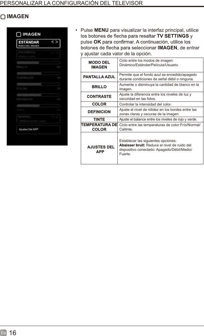 16Es   IMAGEN•  Pulse MENU para visualizar la interfaz principal, utilice TV SETTINGS y pulse OKIMAGEN, de entrar y ajustar cada valor de la opción.MODO DEL IMAGENCiclo entre los modos de imagen:Dinámico/Estándar/Película/Usuario.PANTALLA AZUL Permite que el fondo azul se encedido/apagado durante condiciones de señal débil o ninguna.BRILLO Aumente o disminuya la cantidad de blanco en la imagen.CONTRASTE Ajuste la diferencia entre los niveles de luz y oscuridad en las fotos.COLOR Controlar la intensidad del color.DEFINICION Ajuste el nivel de nitidez en los bordes entre las zonas claras y oscuras de la imagen.TINTE Ajuste el balance entre los niveles de rojo y verde.TEMPERATURA DE COLORCiclo entre las temperaturas de color:Frío/Normal/Calitnte.Establecer las siguientes opciones:Abaisser bruit: Reduce el nivel de ruido del dispositivo conectado: Apagado/Débil/Medio/Fuerte.PERSONALIZAR LA CONFIGURACIÓN DEL TELEVISORESTÁNDARAjustes Del APP AJUSTES DEL         APP 