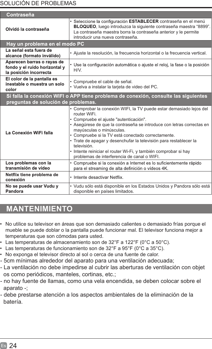 24Es  SOLUCIÓN DE PROBLEMASContraseñaOlvidó la contraseña•  ESTABLECER contraseña en el menú BLOQUEO, luego introduzca la siguiente contraseña maestra “8899”. La contraseña maestra borra la contraseña anterior y le permite introducir una nueva contraseña.Hay un problema en el modo PCLa señal esta fuera de alcance (formato inválido) •  Ajuste la resolución, la frecuencia horizontal o la frecuencia vertical.Aparecen barras o rayas de fondo y el ruido horizontal y la posición incorrecta• H/V.El color de la pantalla es inestable o muestra un solo color•  Compruebe el cable de señal.•  Vuelva a instalar la tarjeta de video del PC.Si falla la conexión WIFI o APP tiene problema de conexión, consulte las siguientes preguntas de solución de problemas.La Conexión WiFi falla•  Comprobar la conexión WIFI, la TV puede estar demasiado lejos del router WiFi.•  Compruebe el ajuste &quot;autenticación&quot;.• Asegúrese de que la contraseña se introduce con letras correctas en mayúsculas o minúsculas.• Compruebe si la TV está conectado correctamente.• Trate de apagar y desenchufar la televisión para restablecer la televisión.• Intente reiniciar el router Wi-Fi, y también comprobar si hay problemas de interferencia de canal o WIFI.Los problemas con la transmisión de vídeo• conexión • No se puede usar Vudu y Pandora•  Vudu sólo está disponible en los Estados Unidos y Pandora sólo está disponible en países limitados.MANTENIMIENTO• No utilice su televisor en áreas que son demasiado calientes o demasiado frías porque elmueble se puede doblar o la pantalla puede funcionar mal. El televisor funciona mejor atemperaturas que son cómodas para usted.• Las temperaturas de almacenamiento son de 32°F a 122°F (0°C a 50°C).• Las temperaturas de funcionamiento son de 32°F a 95°F (0°C a 35°C).• No exponga el televisor directo al sol o cerca de una fuente de calor.- 5cm mínimas alrededor del aparato para una ventilación adecuada; - La ventilación no debe impedirse al cubrir las aberturas de ventilación con objet  os como periódicos, manteles, cortinas, etc.;- no hay fuente de llamas, como una vela encendida, se deben colocar sobre el   aparato -;- debe prestarse atención a los aspectos ambientales de la eliminación de la   batería.