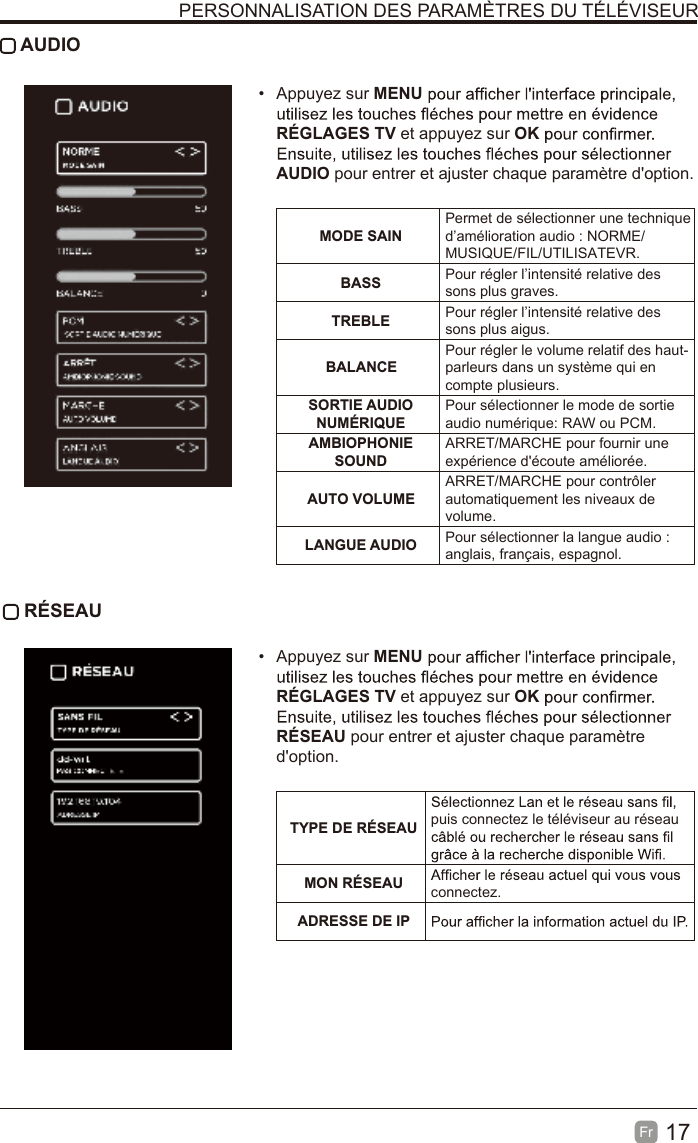17Fr   AUDIO• Appuyez sur MENURÉGLAGES TV et appuyez sur OKAUDIO pour entrer et ajuster chaque paramètre d&apos;option.MODE SAINPermet de sélectionner une technique d’amélioration audio : NORME/MUSIQUE/FIL/UTILISATEVR.BASS Pour régler l’intensité relative des sons plus graves.TREBLE Pour régler l’intensité relative des sons plus aigus.BALANCEPour régler le volume relatif des haut-parleurs dans un système qui en compte plusieurs.SORTIE AUDIO NUMÉRIQUEPour sélectionner le mode de sortie audio numérique: RAW ou PCM.AMBIOPHONIE SOUNDARRET/MARCHE pour fournir une expérience d&apos;écoute améliorée.AUTO VOLUMEARRET/MARCHE pour contrôler automatiquement les niveaux de volume.LANGUE AUDIO Pour sélectionner la langue audio : anglais, français, espagnol. RÉSEAU• Appuyez sur MENURÉGLAGES TV et appuyez sur OKRÉSEAU pour entrer et ajuster chaque paramètred&apos;option.TYPE DE RÉSEAU puis connectez le téléviseur au réseau MON RÉSEAU connectez.ADRESSE DE IPPERSONNALISATION DES PARAMÈTRES DU TÉLÉVISEUR