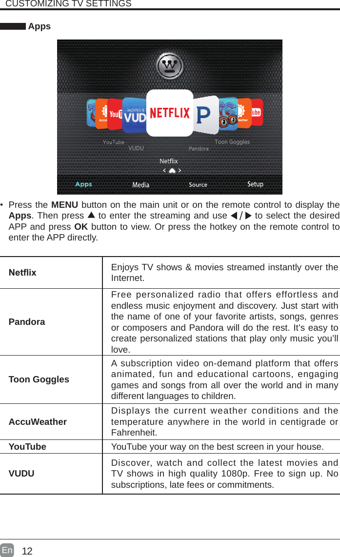 12En   Apps• Press the MENU button on the main unit or on the remote control to display the Apps. Then press   to enter the streaming and use   to select the desired APP and press OK button to view. Or press the hotkey on the remote control to enter the APP directly.Netix Enjoys TV shows &amp; movies streamed instantly over the Internet.PandoraFree personalized radio that offers effortless and endless music enjoyment and discovery. Just start with the name of one of your favorite artists, songs, genres or composers and Pandora will do the rest. It’s easy to create personalized stations that play only music you’ll love.Toon GogglesA subscription video on-demand platform that offers animated, fun and educational cartoons, engaging games and songs from all over the world and in many different languages to children. AccuWeather Displays the current weather conditions and the temperature anywhere in the world in centigrade or Fahrenheit.YouTube YouTube your way on the best screen in your house.VUDU Discover, watch and collect the latest movies and TV shows in high quality 1080p. Free to sign up. No subscriptions, late fees or commitments.CUSTOMIZING TV SETTINGSVUDUToon Goggles