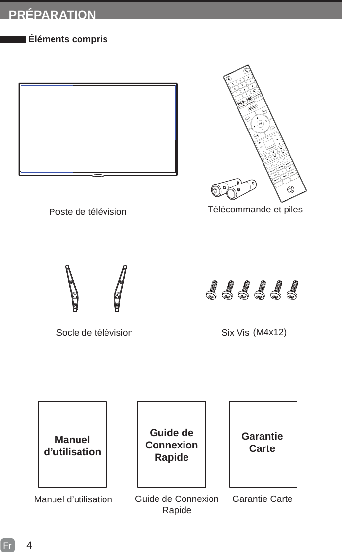 4PRÉPARATION Éléments comprisGuide de Connexion Rapide Garantie CarteGuide de Connexion RapideGarantieCarteManuel d’utilisationManuel d’utilisationTélécommande et pilesSocle de télévisionPoste de télévisionFrSix Vis (M4x12)