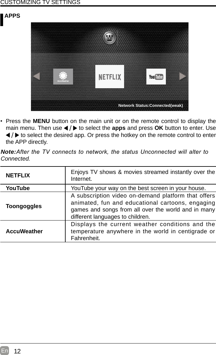 12En   APPSNETFLIX Enjoys TV shows &amp; movies streamed instantly over the Internet.YouTube YouTube your way on the best screen in your house.ToongogglesA subscription video on-demand platform that offers animated, fun and educational cartoons, engaging games and songs from all over the world and in many different languages to children.AccuWeather Displays the current weather conditions and the temperature anywhere in the world in centigrade or Fahrenheit.CUSTOMIZING TV SETTINGS• Press the MENU button on the main unit or on the remote control to display the main menu. Then use   to select the apps and press OK button to enter. Use  to select the desired app. Or press the hotkey on the remote control to enter the APP directly.Note:After the TV  connects to network, the status Unconnected will alter to Connected.Network Status:Connected(weak)