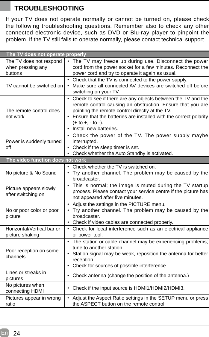 24En  If your TV does not operate normally or cannot be turned on, please check the following troubleshooting questions. Remember also to check any other connected electronic device, such as DVD or Blu-ray player to pinpoint the problem. If the TV still fails to operate normally, please contact technical support.The TV does not operate properlyThe TV does not respond when pressing any buttons• The TV may freeze up during use. Disconnect the power cord from the power socket for a few minutes. Reconnect the power cord and try to operate it again as usual.TV cannot be switched on• Check that the TV is connected to the power supply.• Make sure all connected AV devices are switched off before switching on your TV.The remote control does not work• Check to see if there are any objects between the TV and the remote control causing an obstruction. Ensure that you are pointing the remote control directly at the TV.• Ensure that the batteries are installed with the correct polarity (+to+,-to-).• Install new batteries. Power is suddenly turned off• Check the power of the TV. The power supply maybe interrupted.• Check if the sleep timer is set.• Check whether the Auto Standby is activated. The video function does not workNo picture &amp; No Sound• Check whether the TV is switched on.• Try another channel. The problem may be caused by the broadcaster.Picture appears slowly after switching on• This is normal; the image is muted during the TV startup process. Please contact your service centre if the picture has notappearedafterveminutes.No or poor color or poor picture• Adjust the settings in the PICTURE menu.• Try another channel. The problem may be caused by the broadcaster.• Check if video cables are connected properly.Horizontal/Vertical bar or picture shaking• Check for local interference such as an electrical appliance or power tool.Poor reception on some channels• The station or cable channel may be experiencing problems; tune to another station.• Station signal may be weak, reposition the antenna for better reception.• Check for sources of possible interference.Lines or streaks in pictures • Checkantenna(changethepositionoftheantenna.)No pictures when connecting HDMI • Check if the input source is HDMI1/HDMI2/HDMI3.Pictures appear in wrong ratio• Adjust the Aspect Ratio settings in the SETUP menu or press the ASPECT button on the remote control.TROUBLESHOOTINGTROUBLESHOOTING