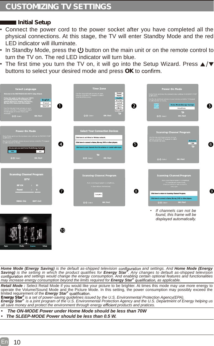 10En  CUSTOMIZING TV SETTINGS Initial Setup•  Connect the power cord to the power socket after you have completed all the physical connections. At this stage, the TV will enter Standby Mode and the red LED indicator will illuminate. •  In Standby Mode, press the   button on the main unit or on the remote control to turn the TV on. The red LED indicator will turn blue.•  The first time you turn the TV on, it will go into the Setup Wizard. Press   buttons to select your desired mode and press OK to     •  If channels can not be found, this frame will be displayed automatically. 5789Follow this guide to help setup your UHDTV for scanning channels or accessing your external devices for Antenna, Set-top Box, Blu-ray, DVD, Games and other players.Welcome to the WESTINGHOUSE UHDTV Setup Wizard. Apps Media SetupSourceOK :NextFollow this guide to help setup your UHDTV for scanning channels or accessing your external devices for Antenna, Set-top Box, Blu-ray, DVD, Games and other players.Welcome to the WESTINGHOUSE UHDTV Setup Wizard.Are you sure you want Home Mode(Energy Saving)?Click here to set Wired or Wireless network.Click here to scan channels from the antenna or coaxial cable input.Click here to connect a Game, Blu-ray, DVD or other players.Select Your Connection DevicesOK :NextOK :NextOK :NextOK :NextHawaiiAlaskaTVHDMI1 HDMI2Component AVOK :NextOK :NextOK :NextClick here to return to Scanning Channel Program.Click here to connect a Game, Blu-ray, DVD or other players.Scanning Channel ProgramRF CH                       :          51Found :           0   MENU:SkipEXIT :QuitDTVHome Mode (Energy Saving) is the default as-shipped television   and settings. And Home Mode (Energy Saving) is the setting in which the product qualifies for Energy Star®. Any changes to default as-shipped television  and settings would change the energy consumption. And enabling certain optional features and functionalities may increase energy consumption beyond the limits required for Energy Star®   as applicable.    Retail Mode : Select Retail Mode if you would like your picture to be brighter. At times this mode may use more energy to operate the Volume/Sound Mode and the Picture Mode. In this setting, the power consumption may possibly exceed the limited requirement of the Energy Star® Energy Star® is a set of power-saving guidelines issued by the U.S. Environmental Protection Agency(EPA).Energy Star®  is a joint program of the U.S. Environmental Protection Agency and the U.S. Department of Energy helping us all save money and protect the environment through energy   products and pratices.•   The ON-MODE Power under Home Mode should be less than 70W•  The SLEEP-MODE Power should be less than 0.5 W.Check your antenna or cable connectionsandtry againHDMI1HDMI1