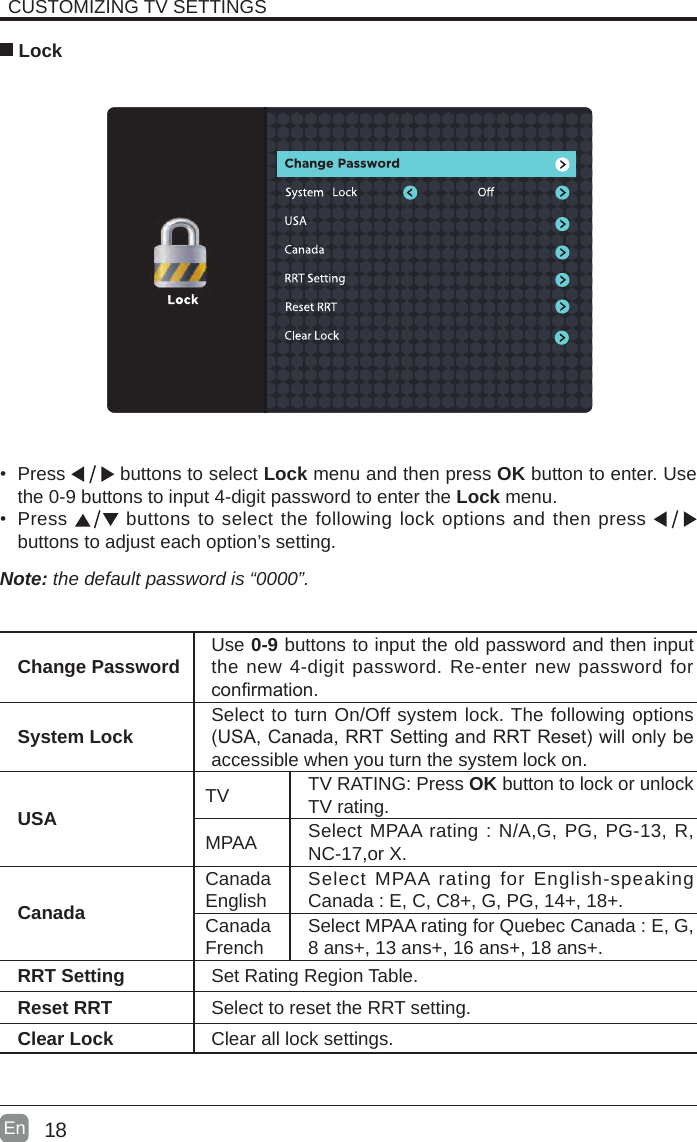 18En  CUSTOMIZING TV SETTINGS Lock• Press   buttons to select Lock menu and then press OK button to enter. Use the 0-9 buttons to input 4-digit password to enter the Lock menu.• Press   buttons to select the following lock options and then press buttons to adjust each option’s setting.Note: the default password is “0000”. Change Password Use 0-9 buttons to input the old password and then input the new 4-digit password. Re-enter new password for conrmation.System Lock Select to turn On/Off system lock. The following options (USA,Canada,RRTSettingandRRTReset)willonlybeaccessible when you turn the system lock on.USA TV TV RATING: Press OK button to lock or unlock TV rating.MPAA Select MPAA rating : N/A,G, PG, PG-13, R, NC-17,or X.CanadaCanada English Select MPAA rating for English-speaking Canada : E, C, C8+, G, PG, 14+, 18+.Canada French Select MPAA rating for Quebec Canada : E, G, 8 ans+, 13 ans+, 16 ans+, 18 ans+.RRT Setting Set Rating Region Table.Reset RRT Select to reset the RRT setting.Clear Lock Clear all lock settings. 