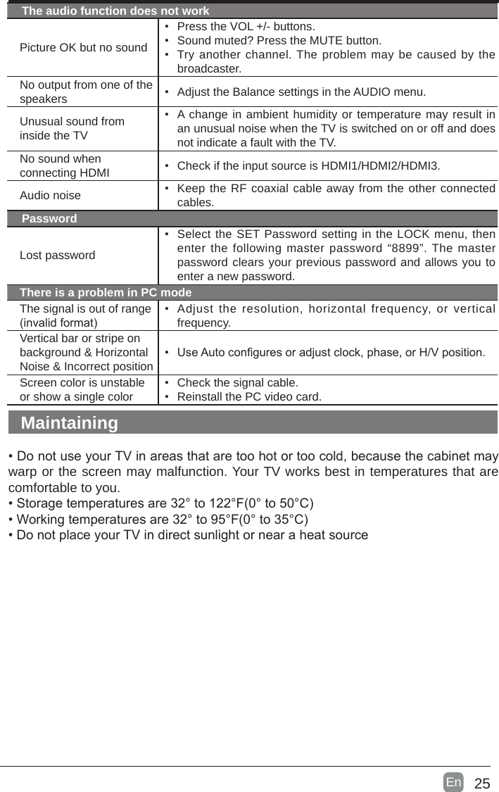 25En  The audio function does not workPicture OK but no sound• Press the VOL +/- buttons.• Sound muted? Press the MUTE button.• Try another channel. The problem may be caused by the broadcaster.No output from one of the speakers • Adjust the Balance settings in the AUDIO menu.Unusual sound from inside the TV• A change in ambient humidity or temperature may result in an unusual noise when the TV is switched on or off and does not indicate a fault with the TV. No sound when connecting HDMI • Check if the input source is HDMI1/HDMI2/HDMI3.Audio noise • Keep the RF coaxial cable away from the other connected cables.PasswordLost password• Select the SET Password setting in the LOCK menu, then enter the following master password “8899”. The master password clears your previous password and allows you to enter a new password.There is a problem in PC modeThe signal is out of range (invalidformat)• Adjust the resolution, horizontal frequency, or vertical frequency.Vertical bar or stripe on background &amp; Horizontal Noise &amp; Incorrect position• UseAutoconguresoradjustclock,phase,orH/Vposition.Screen color is unstable or show a single color• Check the signal cable.• Reinstall the PC video card.Maintaining•DonotuseyourTVinareasthataretoohotortoocold,becausethecabinetmaywarp or the screen may malfunction. Your TV works best in temperatures that are comfortable to you.•Storagetemperaturesare32°to122°F(0°to50°C)•Workingtemperaturesare32°to95°F(0°to35°C)•DonotplaceyourTVindirectsunlightornearaheatsource