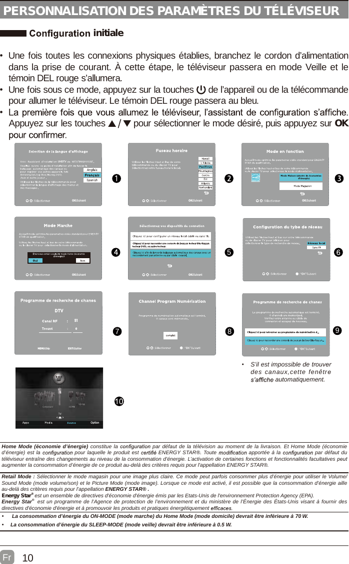 10   initiale•  Une fois toutes les connexions physiques établies, branchez le cordon d’alimentation dans la prise de courant. À cette étape, le téléviseur passera en mode Veille et le témoin DEL rouge s’allumera.•  Une fois sous ce mode, appuyez sur la touches   de l’appareil ou de la télécommande pour allumer le téléviseur. Le témoin DEL rouge passera au bleu.• Appuyez sur les touches   pour sélectionner le mode désiré, puis appuyez sur OK •  S’il est impossible de trouver des canaux,cette fenêtre  automatiquement.5978PERSONNALISATION DES PARAMÈTRES DU TÉLÉVISEUROK:SuivantOK:Suivant OK:SuivantOK:Suivant OK:SuivantUHDTVEXIT:QuitterDTV51MEMU:Skip5978Home Mode (économie d’énergie) constitue la   par défaut de la télévision au moment de la livraison. Et Home Mode (économie d’énergie) est la   pour laquelle le produit est   ENERGY STAR®. Toute   apportée à la   par défaut du téléviseur entraîne des changements au niveau de la consommation d’énergie. L’activation de certaines fonctions et fonctionnalités facultatives peut augmenter la consommation d’énergie de ce produit au-delà des critères requis pour l&apos;appellation ENERGY STAR®. Retail Mode : Sélectionner le mode magasin pour une image plus claire. Ce mode peut parfois consommer plus d’énergie pour utiliser le Volume/Sound Mode (mode volume/son) et le Picture Mode (mode image). Lorsque ce mode est activé, il est possible que la consommation d’énergie aille au-delà des critères requis pour l’appellation ENERGY STAR® .Energy Star® est un ensemble de directives d&apos;économie d&apos;énergie émis par les Etats-Unis de l&apos;environnement Protection Agency (EPA).Energy Star®  est un programme de l’Agence de protection de l’environnement et du ministère de l’Énergie des États-Unis visant à fournir des directives d&apos;économie d&apos;énergie et à promouvoir les produits et pratiques énergétiquement •   La consommation d’énergie du ON-MODE (mode marche) du Home Mode (mode domicile) devrait être inférieure à      W.•  La consommation d’énergie du SLEEP-MODE (mode veille) devrait être inférieure à 0.5 W.FrOption70