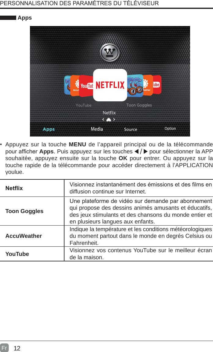 12 AppsNetix Visionnez instantanément des émissions et des lms en diffusion continue sur Internet.Toon GogglesUne plateforme de vidéo sur demande par abonnement qui propose des dessins animés amusants et éducatifs, des jeux stimulants et des chansons du monde entier et en plusieurs langues aux enfants.AccuWeather Indique la température et les conditions météorologiques du moment partout dans le monde en degrés Celsius ou Fahrenheit.YouTube Visionnez vos contenus YouTube sur le meilleur écran de la maison.•  Appuyez sur la touche MENU de l’appareil principal ou de la télécommande pour afcher Apps. Puis appuyez sur les touches   pour sélectionner la APP souhaitée, appuyez ensuite sur la touche OK pour entrer. Ou appuyez sur la touche rapide de la télécommande pour accéder directement à l’APPLICATION voulue. PERSONNALISATION DES PARAMÈTRES DU TÉLÉVISEURFrOptionToon Goggles