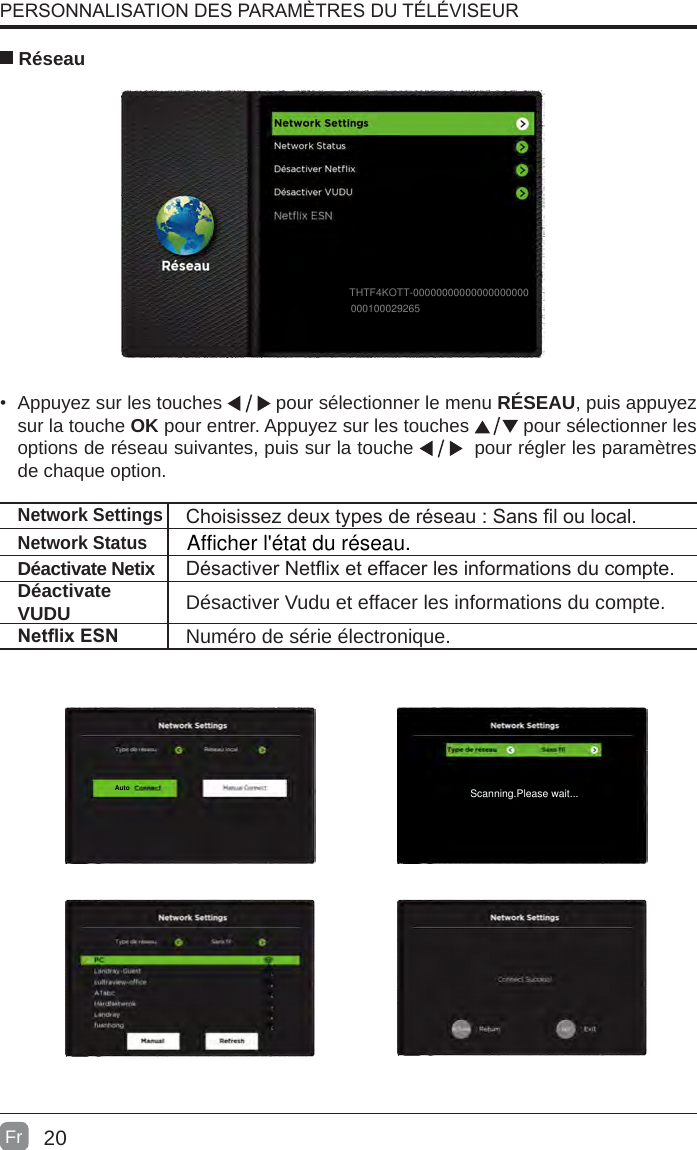 20 RéseauChoisissez deux types de réseau : Sans l ou local.Déactivate Netix Désactiver Netix et effacer les informations du compte.Déactivate VUDU Désactiver Vudu et effacer les informations du compte.NetixESN Numéro de série électronique.•  Appuyez sur les touches   pour sélectionner le menu RÉSEAU, puis appuyez sur la touche OK pour entrer. Appuyez sur les touches   pour sélectionner les options de réseau suivantes, puis sur la touche    pour régler les paramètres de chaque option.   PERSONNALISATION DES PARAMÈTRES DU TÉLÉVISEURFrNetwork SettingsAutoAfficher l&apos;état du réseau.Network StatusTHTF4KOTT-00000000000000000000000100029265Scanning.Please wait...