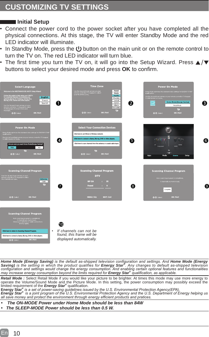 10En  CUSTOMIZING TV SETTINGS Initial Setup• Connect the power cord to the power socket after you have completed all the physical connections. At this stage, the TV will enter Standby Mode and the red LED indicator will illuminate. • In Standby Mode, press the   button on the main unit or on the remote control to turn the TV on. The red LED indicator will turn blue.• The first time you turn the TV on, it will go into the Setup Wizard. Press   buttons to select your desired mode and press OKtoconrm.• If channels can not be found, this frame will be displayed automatically. 5789Follow this guide to help setup your UHDTV for scanning channels or accessing your external devices for Antenna, Set-top Box, Blu-ray, DVD, Games and other players.Welcome to the WESTINGHOUSE UHDTV Setup Wizard. Apps Media SetupSourceOK :NextFollow this guide to help setup your UHDTV for scanning channels or accessing your external devices for Antenna, Set-top Box, Blu-ray, DVD, Games and other players.Welcome to the WESTINGHOUSE UHDTV Setup Wizard.Are you sure you want Home Mode(Energy Saving)?Click here to set Wired or Wireless network.Click here to scan channels from the antenna or coaxial cable input.Click here to connect a Game, Blu-ray, DVD or other players.Select Your Connection DevicesOK :NextOK :NextOK :NextOK :NextHawaiiAlaskaTVHDMI1HDMI2ComponentAVOK :NextOK :NextOK :NextClick here to return to Scanning Channel Program.Click here to connect a Game, Blu-ray, DVD or other players.Scanning Channel ProgramRF CH                       :          51Found :           0   MENU:SkipEXIT :QuitDTVHome Mode (Energy Saving) isthedefaultas-shippedtelevisioncongurationandsettings.AndHome Mode (Energy Saving)isthesettinginwhichtheproductqualifiesforEnergy Star®.Anychangestodefaultas-shippedtelevisioncongurationandsettingswouldchangetheenergyconsumption.AndenablingcertainoptionalfeaturesandfunctionalitiesmayincreaseenergyconsumptionbeyondthelimitsrequiredforEnergy Star®qualication,asapplicable. Retail Mode : Select Retail Mode if you would like your picture to be brighter. At times this mode may use more energy to operate the Volume/Sound Mode and the Picture Mode. In this setting, the power consumption may possibly exceed the limited requirement of the Energy Star®qualication.Energy Star®isasetofpower-savingguidelinesissuedbytheU.S.EnvironmentalProtectionAgency(EPA).Energy Star® isajointprogramoftheU.S.EnvironmentalProtectionAgencyandtheU.S.DepartmentofEnergyhelpingusallsavemoneyandprotecttheenvironmentthroughenergyefcientproductsandpratices.•  The ON-MODE Power under Home Mode should be less than 84W• The SLEEP-MODE Power should be less than 0.5 W.
