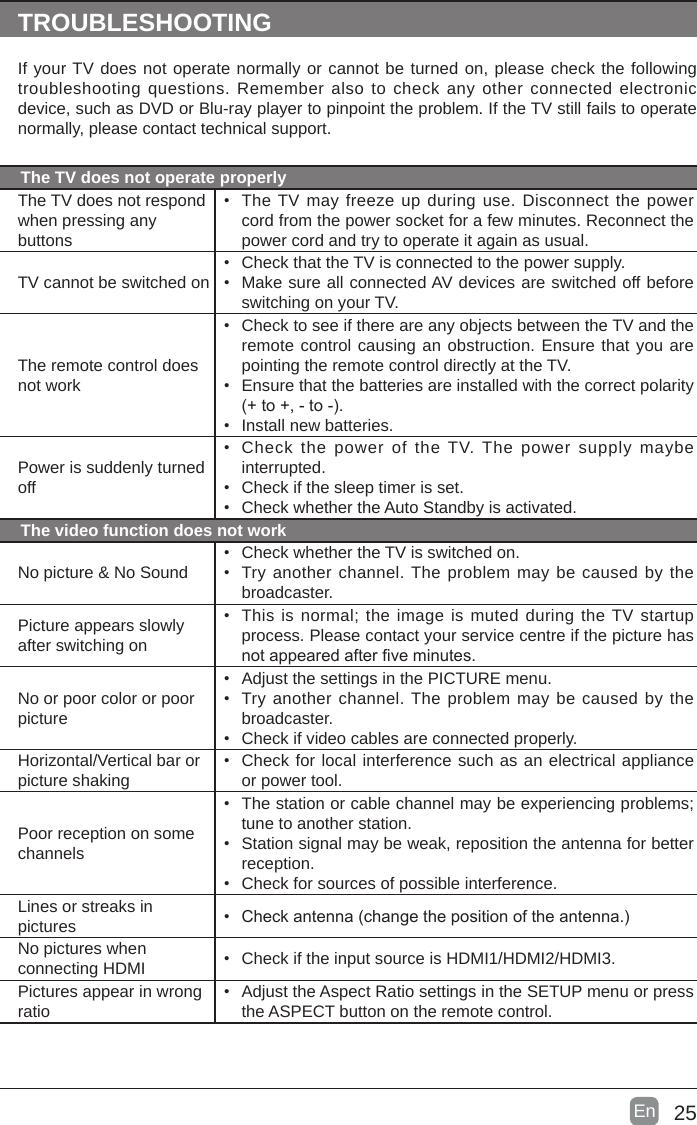 25En  TROUBLESHOOTINGIf your TV does not operate normally or cannot be turned on, please check the following troubleshooting questions. Remember also to check any other connected electronic device, such as DVD or Blu-ray player to pinpoint the problem. If the TV still fails to operate normally, please contact technical support.The TV does not operate properlyThe TV does not respond when pressing any buttons• The TV may freeze up during use. Disconnect the power cord from the power socket for a few minutes. Reconnect the power cord and try to operate it again as usual.TV cannot be switched on• Check that the TV is connected to the power supply.• Make sure all connected AV devices are switched off before switching on your TV.The remote control does not work• Check to see if there are any objects between the TV and the remote control causing an obstruction. Ensure that you are pointing the remote control directly at the TV.• Ensure that the batteries are installed with the correct polarity (+to+,-to-).• Install new batteries. Power is suddenly turned off• Check the power of the TV. The power supply maybe interrupted.• Check if the sleep timer is set.• Check whether the Auto Standby is activated. The video function does not workNo picture &amp; No Sound• Check whether the TV is switched on.• Try another channel. The problem may be caused by the broadcaster.Picture appears slowly after switching on• This is normal; the image is muted during the TV startup process. Please contact your service centre if the picture has notappearedafterveminutes.No or poor color or poor picture• Adjust the settings in the PICTURE menu.• Try another channel. The problem may be caused by the broadcaster.• Check if video cables are connected properly.Horizontal/Vertical bar or picture shaking• Check for local interference such as an electrical appliance or power tool.Poor reception on some channels• The station or cable channel may be experiencing problems; tune to another station.• Station signal may be weak, reposition the antenna for better reception.• Check for sources of possible interference.Lines or streaks in pictures • Checkantenna(changethepositionoftheantenna.)No pictures when connecting HDMI • Check if the input source is HDMI1/HDMI2/HDMI3.Pictures appear in wrong ratio• Adjust the Aspect Ratio settings in the SETUP menu or press the ASPECT button on the remote control.