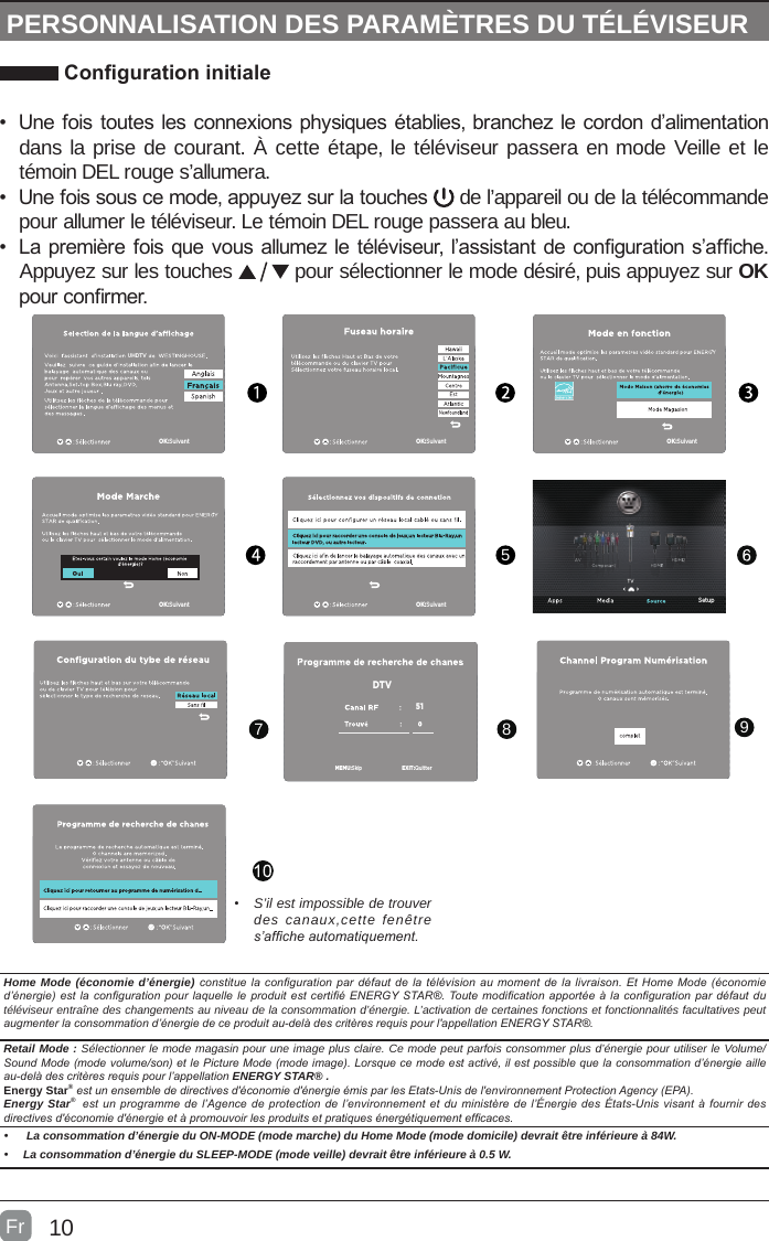 10Congurationinitiale•  Une fois toutes les connexions physiques établies, branchez le cordon d’alimentation dans la prise de courant. À cette étape, le téléviseur passera en mode Veille et le témoin DEL rouge s’allumera.•  Une fois sous ce mode, appuyez sur la touches   de l’appareil ou de la télécommande pour allumer le téléviseur. Le témoin DEL rouge passera au bleu.•  La première fois que vous allumez le téléviseur, l’assistant de conguration s’afche. Appuyez sur les touches   pour sélectionner le mode désiré, puis appuyez sur OK pour conrmer.• S’il est impossible de trouver des canaux,cette fenêtre s’afcheautomatiquement.5978PERSONNALISATION DES PARAMÈTRES DU TÉLÉVISEUROK:SuivantOK:Suivant OK:SuivantOK:Suivant OK:SuivantUHDTVEXIT:QuitterDTV51MEMU:Skip5978Home Mode (économie d’énergie) constituelacongurationpardéfautdelatélévisionau momentdelalivraison.EtHomeMode(économied’énergie)estlacongurationpourlaquelleleproduitestcertiéENERGYSTAR®.Toutemodication apportéeàlacongurationpardéfautdutéléviseur entraîne des changements au niveau de la consommation d’énergie. L’activation de certaines fonctions et fonctionnalités facultatives peut augmenterlaconsommationd’énergiedeceproduitau-delàdescritèresrequispourl&apos;appellationENERGYSTAR®.Retail Mode : Sélectionner le mode magasin pour une image plus claire. Ce mode peut parfois consommer plus d’énergie pour utiliser le Volume/SoundMode(modevolume/son)etlePictureMode(modeimage).Lorsquecemodeestactivé,ilestpossiblequelaconsommationd’énergieailleau-delàdescritèresrequispourl’appellation ENERGY STAR® .Energy Star®estunensemblededirectivesd&apos;économied&apos;énergieémisparlesEtats-Unisdel&apos;environnementProtectionAgency(EPA).Energy Star® estunprogrammedel’Agence deprotectiondel’environnementetduministèredel’ÉnergiedesÉtats-Unisvisantà fournirdesdirectivesd&apos;économied&apos;énergieetàpromouvoirlesproduitsetpratiquesénergétiquementefcaces.•  La consommation d’énergie du ON-MODE (mode marche) du Home Mode (mode domicile) devrait être inférieure à 84W.• La consommation d’énergie du SLEEP-MODE (mode veille) devrait être inférieure à 0.5 W.FrSetup