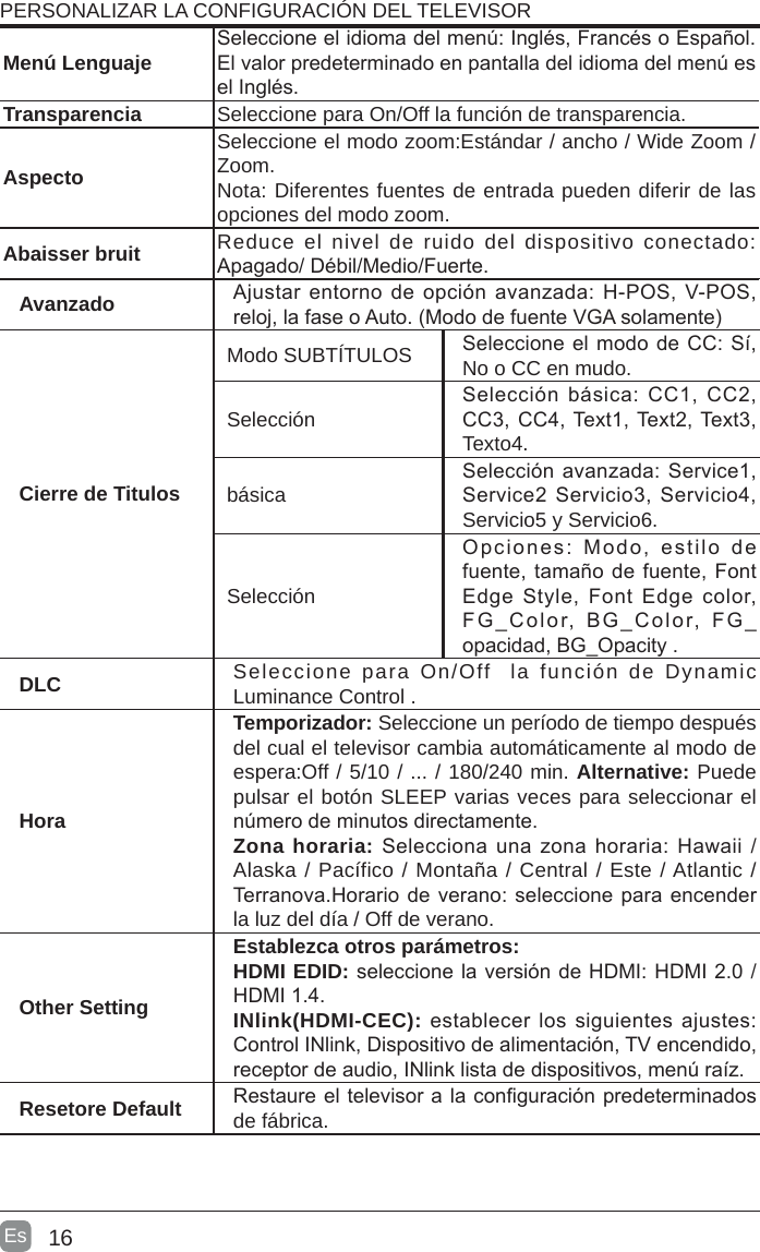 16Es  Menú LenguajeSeleccione el idioma del menú: Inglés, Francés o Español. El valor predeterminado en pantalla del idioma del menú es el Inglés.Transparencia Seleccione para On/Off la función de transparencia.AspectoSeleccione el modo zoom:Estándar / ancho / Wide Zoom / Zoom.Nota: Diferentes fuentes de entrada pueden diferir de las opciones del modo zoom.Abaisser bruit Reduce el nivel de ruido del dispositivo conectado: Apagado/ Débil/Medio/Fuerte.Avanzado Ajustar entorno de opción avanzada: H-POS,  V-POS, reloj, la fase o Auto. (Modo de fuente VGA solamente)Cierre de TitulosModo SUBTÍTULOS Seleccione el modo de CC: Sí, No o CC en mudo.SelecciónSelección básica: CC1,  CC2, CC3, CC4, Text1, Text2, Text3, Texto4.básicaSelección avanzada: Service1, Service2 Servicio3,  Servicio4, Servicio5 y Servicio6.SelecciónOpciones:  Modo,  estilo  de fuente, tamaño de fuente, Font Edge Style, Font Edge color, FG_Color,  BG_Color,  FG_ opacidad, BG_Opacity .DLC Seleccione para On/Off  la función de Dynamic Luminance Control .HoraTemporizador: Seleccione un período de tiempo después del cual el televisor cambia automáticamente al modo de espera:Off / 5/10 / ... / 180/240 min. Alternative: Puede pulsar el botón SLEEP varias veces para seleccionar el número de minutos directamente.Zona horaria: Selecciona una zona horaria: Hawaii  / Alaska / Pacífico / Montaña / Central / Este / Atlantic / Terranova.Horario de verano: seleccione para encender la luz del día / Off de verano.Other SettingEstablezca otros parámetros:HDMI EDID: seleccione la versión de HDMI: HDMI 2.0 / HDMI 1.4.INlink(HDMI-CEC): establecer  los siguientes ajustes: Control INlink, Dispositivo de alimentación, TV encendido, receptor de audio, INlink lista de dispositivos, menú raíz.Resetore Default Restaure el televisor a la conguración predeterminados de fábrica.PERSONALIZAR LA CONFIGURACIÓN DEL TELEVISOR 