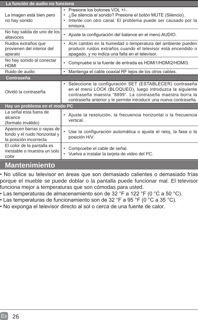 26Es  La función de audio no funcionaLa imagen está bien pero no hay sonido•  Presione los botones VOL +/-.•  ¿Se silencia el sonido? Presione el botón MUTE (Silencio).•  Intente con otro canal. El problema puede ser causado por la emisora.No hay salida de uno de los altavoces •  Ajuste la conguración del balance en el menú AUDIO.Ruidos extraños que provienen del interior del aparato•  AUn cambio en la humedad o temperatura del ambiente pueden producir ruidos extraños cuando el televisor está encendido o apagado, y no indica una falla en el televisor. No hay sonido al conectarHDMI •  Compruebe si la fuente de entrada es HDMI1/HDMI2/HDMI3.Ruido de audio •  Mantenga el cable coaxial RF lejos de los otros cables.ContraseñaOlvidó la contraseña•  Seleccione la configuración SET (ESTABLECER) contraseña en el menú LOCK (BLOQUEO), luego introduzca la siguiente contraseña maestra “8899”. La contraseña maestra borra la contraseña anterior y le permite introducir una nueva contraseña.Hay un problema en el modo PCLa señal esta fuera de alcance(formato inválido)•  Ajuste la  resolución,  la frecuencia horizontal o la frecuencia vertical.Aparecen barras o rayas de fondo y el ruido horizontal y la posición incorrecta•  Use la configuración automática o ajuste el reloj,  la fase o la posición H/V.El color de la pantalla es inestable o muestra un solo color•  Compruebe el cable de señal.•  Vuelva a instalar la tarjeta de video del PC.Mantenimiento• No utilice su televisor en áreas que son demasiado calientes o demasiado frías porque el mueble se puede doblar o la pantalla puede funcionar mal. El televisor funciona mejor a temperaturas que son cómodas para usted.• Las temperaturas de almacenamiento son de 32 °F a 122 °F (0 °C a 50 °C).• Las temperaturas de funcionamiento son de 32 °F a 95 °F (0 °C a 35 °C).• No exponga el televisor directo al sol o cerca de una fuente de calor.