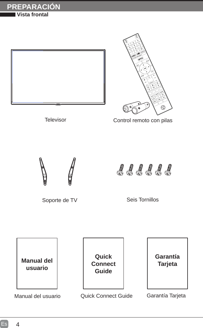 4Es  Quick Connect Guide Garantía TarjetaQuickConnect GuideGarantía TarjetaManual del usuarioManual del usuarioControl remoto con pilas Vista frontalPREPARACIÓNTelevisorSoporte de TV Seis Tornillos