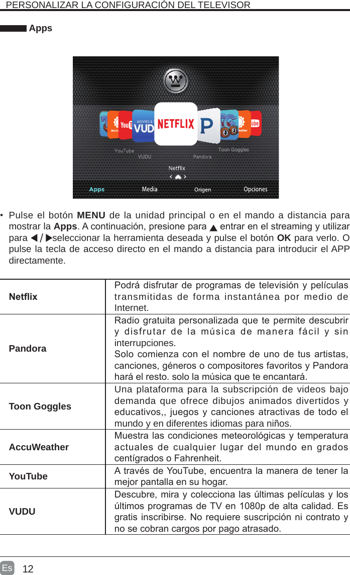 12Es   Apps•  Pulse el botón MENU de la unidad principal o en el mando a distancia para mostrar la Apps. A continuación, presione para   entrar en el streaming y utilizar para  seleccionar la herramienta deseada y pulse el botón OK para verlo. O pulse la tecla de acceso directo en el mando a distancia para introducir el APP directamente.NetixPodrá disfrutar de programas de televisión y películas transmitidas de forma instantánea por medio de Internet.PandoraRadio gratuita personalizada que te permite descubrir y  disfrutar  de  la  música  de  manera  fácil  y  sin interrupciones.  Solo comienza con el nombre de uno de tus artistas, canciones, géneros o compositores favoritos y Pandora hará el resto. solo la música que te encantará.Toon GogglesUna plataforma para la subscripción de videos bajo demanda que ofrece dibujos animados divertidos y educativos,, juegos y canciones atractivas de todo el mundo y en diferentes idiomas para niños.AccuWeatherMuestra las condiciones meteorológicas y temperatura actuales  de  cualquier  lugar  del mundo  en  grados centígrados o Fahrenheit.YouTube A través de YouTube, encuentra la manera de tener la mejor pantalla en su hogar.VUDUDescubre, mira y colecciona las últimas películas y los últimos programas de TV en 1080p de alta calidad. Es gratis inscribirse. No requiere suscripción ni contrato y no se cobran cargos por pago atrasado.VUDUToon GogglesPERSONALIZAR LA CONFIGURACIÓN DEL TELEVISOR