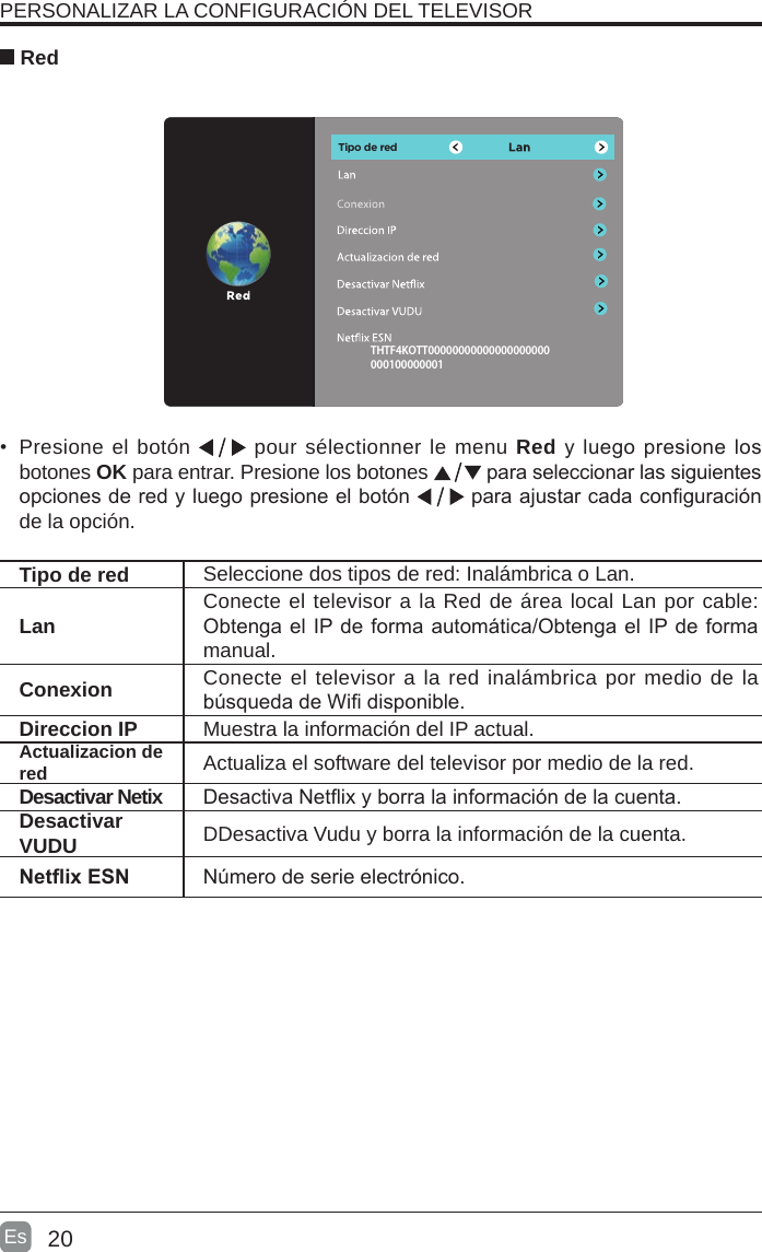 20Es   RedPERSONALIZAR LA CONFIGURACIÓN DEL TELEVISOR •  Presione el botón   pour sélectionner le menu Red y  luego presione los botones OK para entrar. Presione los botones   para seleccionar las siguientes opciones de red y luego presione el botón   para ajustar cada conguración de la opción.  Tipo de red Seleccione dos tipos de red: Inalámbrica o Lan.Lan Conecte el televisor a la Red de área local Lan por cable: Obtenga el IP de forma automática/Obtenga el IP de forma manual.Conexion Conecte el televisor a la red inalámbrica por medio de la búsqueda de Wi disponible.Direccion IP Muestra la información del IP actual.Actualizacion de red Actualiza el software del televisor por medio de la red.Desactivar Netix Desactiva Netix y borra la información de la cuenta.Desactivar VUDU DDesactiva Vudu y borra la información de la cuenta.Netix ESN Número de serie electrónico.               THTF4KOTT00000000000000000000Tipo de red              000100000001