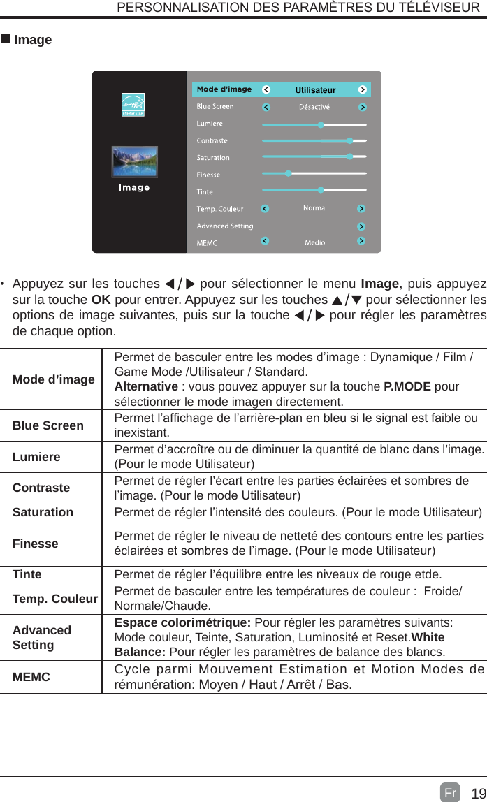 19 ImageMode d’image Permet de basculer entre les modes d’image : Dynamique / Film /  Game Mode /Utilisateur / Standard.Alternative : vous pouvez appuyer sur la touche P.MODE pour sélectionner le mode imagen directement.Blue Screen Permet l’afchage de l’arrière-plan en bleu si le signal est faible ou inexistant.Lumiere Permet d’accroître ou de diminuer la quantité de blanc dans l’image.(Pour le mode Utilisateur)Contraste Permet de régler l’écart entre les parties éclairées et sombres de l’image. (Pour le mode Utilisateur)Saturation Permet de régler l’intensité des couleurs. (Pour le mode Utilisateur)Finesse Permet de régler le niveau de netteté des contours entre les parties éclairées et sombres de l’image. (Pour le mode Utilisateur)Tinte Permet de régler l’équilibre entre les niveaux de rouge etde. Temp. Couleur Permet de basculer entre les températures de couleur :  Froide/Normale/Chaude.Advanced SettingEspace colorimétrique: Pour régler les paramètres suivants: Mode couleur, Teinte, Saturation, Luminosité et Reset.White Balance: Pour régler les paramètres de balance des blancs.MEMC Cycle parmi Mouvement Estimation et Motion Modes de rémunération: Moyen / Haut / Arrêt / Bas.•  Appuyez sur les touches   pour sélectionner le menu Image, puis appuyez sur la touche OK pour entrer. Appuyez sur les touches   pour sélectionner les options de image suivantes, puis sur la touche   pour régler les paramètres de chaque option.PERSONNALISATION DES PARAMÈTRES DU TÉLÉVISEURFrUtilisateur