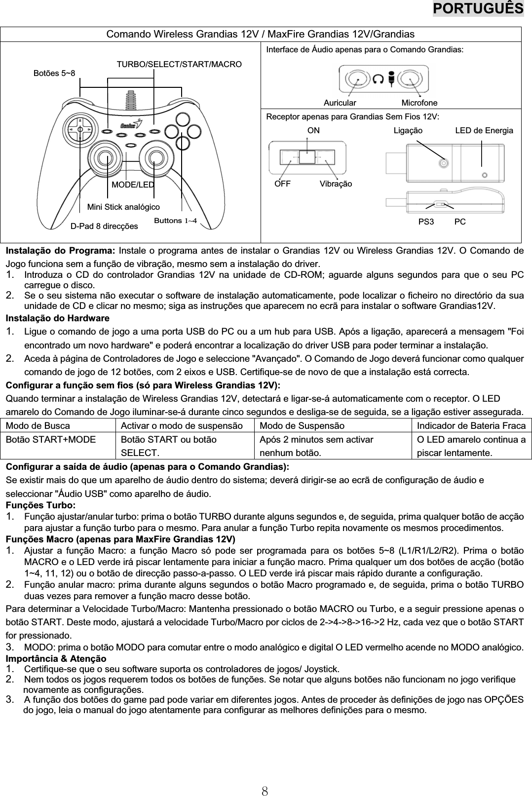 PORTUGUÊS8Instalação do Programa: Instale o programa antes de instalar o Grandias 12V ou Wireless Grandias 12V. O Comando deJogo funciona sem a função de vibração, mesmo sem a instalaçãododriver.1. Introduza o CD do controlador Grandias 12V na unidade de CD-ROM; aguarde alguns segundos para que o seu PCcarregue o disco.2. Se o seu sistema não executar o software de instalação automaticamente, pode localizar o ficheiro no directório da suaunidade de CD e clicar no mesmo; siga as instruções que aparecem no ecrãpara instalar o software Grandias12V.Instalação do Hardware1. Ligue o comando de jogo a uma porta USB do PC ou a um hub para USB. Após a ligação, apareceráa mensagem &quot;Foiencontrado um novo hardware&quot; e poderáencontrar a localização do driver USB para poder terminar a instalação.2. Aceda à página de Controladores de Jogo e seleccione &quot;Avançado&quot;. O Comando de Jogo deveráfuncionar como qualquercomando de jogo de 12 botões, com 2 eixos e USB. Certifique-se de novo de que a instalaçãoestácorrecta.Configurar a função sem fios (só para Wireless Grandias 12V):Quando terminar a instalação de Wireless Grandias 12V, detectaráe ligar-se-áautomaticamente com o receptor. O LEDamarelo do Comando de Jogo iluminar-se-á durante cinco segundos e desliga-se de seguida, se a ligação estiver assegurada.Modo de Busca Activar o modo de suspensão Modo de Suspensão Indicador de Bateria FracaBotão START+MODE Botão START ou botãoSELECT.Após 2 minutos sem activarnenhum botão.O LED amarelo continua apiscar lentamente.Configurar a saída de áudio (apenas para o Comando Grandias):Se existir mais do que um aparelho de áudio dentro do sistema; deverádirigir-se ao ecrãde configuraçãodeáudio eseleccionar &quot;Áudio USB&quot; como aparelho de áudio.Funções Turbo:1. Função ajustar/anular turbo: prima o botão TURBO durante alguns segundos e, de seguida, prima qualquer botãodeacçãopara ajustar a função turbo para o mesmo. Para anular a função Turbo repita novamente os mesmos procedimentos.Funções Macro (apenas para MaxFire Grandias 12V)1. Ajustar a função Macro: a função Macro sópode ser programada para os botões 5~8 (L1/R1/L2/R2). Prima o botãoMACRO e o LED verde irápiscar lentamente para iniciar a função macro. Prima qualquer um dos botões de acção(botão1~4, 11, 12) ou o botãodedirecção passo-a-passo. O LED verde irápiscar mais rápido durante a configuração.2. Função anular macro: prima durante alguns segundos o botão Macro programado e, de seguida, prima o botão TURBOduas vezes para remover a função macro desse botão.Para determinar a Velocidade Turbo/Macro: Mantenha pressionado o botão MACRO ou Turbo, e a seguir pressione apenas obotão START. Deste modo, ajustaráa velocidade Turbo/Macro por ciclos de 2-&gt;4-&gt;8-&gt;16-&gt;2 Hz, cada vez que o botãoSTARTfor pressionado.3. MODO: prima o botão MODO para comutar entre o modo analógico e digital O LED vermelho acende no MODO analógico.Importância &amp; Atenção1. Certifique-se que o seu software suporta os controladores de jogos/ Joystick.2. Nem todos os jogos requerem todos os botões de funções. Se notar que alguns botões não funcionam no jogo verifiquenovamente as configurações.3. Afunçãodosbotões do game pad pode variar em diferentes jogos. Antes de proceder às definições de jogo nas OPÇÕESdo jogo, leia o manual do jogo atentamente para configurar as melhores definições para o mesmo.Comando Wireless Grandias 12V / MaxFire Grandias 12V/GrandiasInterface de Áudio apenas para o Comando Grandias:Auricular MicrofoneReceptor apenas para Grandias Sem Fios 12V: ON Ligação LED de EnergiaOFF VibraçãoPS3 PCButtons1~4D-Pad 8 direcçõesMODE/LEDMini Stick analógicoBotões 5~8TURBO/SELECT/START/MACRO