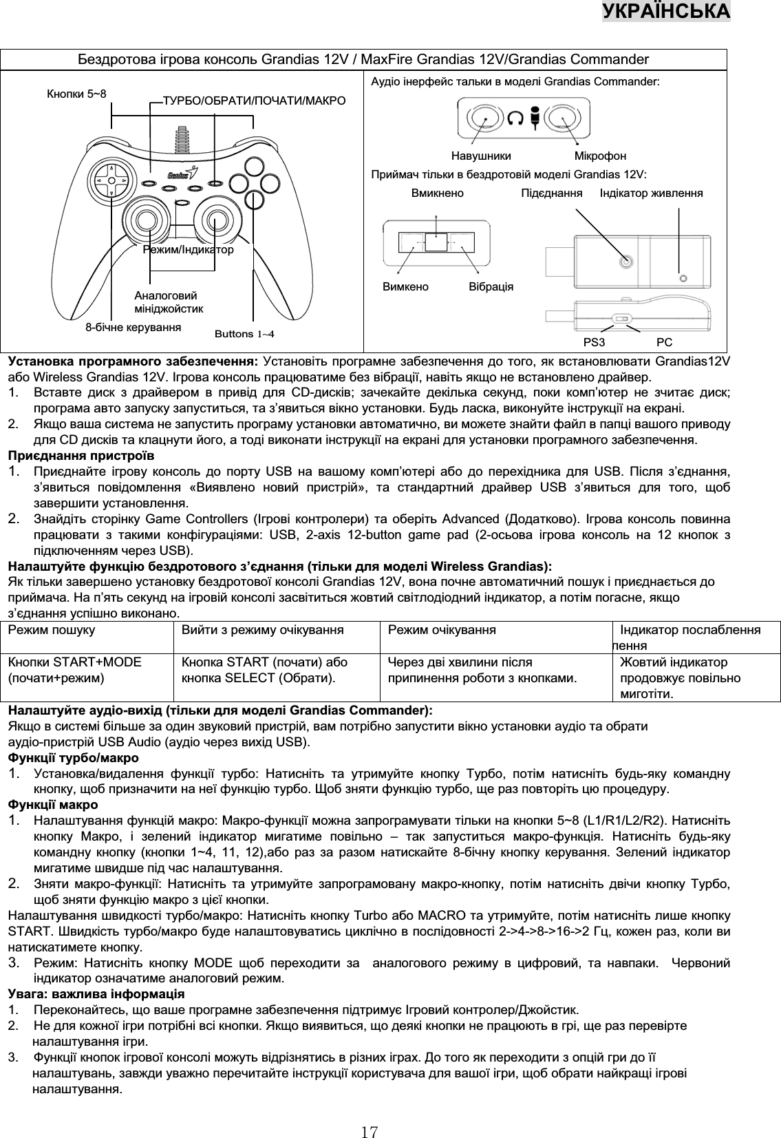 УКРАЇНСЬКА17Аудіо інерфейс тальки в моделі Grandias Commander:Навушники МікрофонПриймач тільки в бездротовій моделі Grandias 12V:Вмикнено Підєднання Індікатор живленняВимкено ВібраціяPS3 PCУстановка програмного забезпечення: Установіть програмне забезпечення до того,як встановлювати Grandias12Vабо Wireless Grandias 12V. Ігрова консоль працюватиме без вібрації,навіть якщо не встановлено драйвер.1. Вставте диск з драйвером в привід для CD-дисків;зачекайте декілька секунд,поки комп’ютер не зчитає диск;програма авто запуску запуститься,та з’явиться вікно установки.Будь ласка,виконуйте інструкції на екрані.2. Якщо ваша система не запустить програму установки автоматично,ви можете знайти файл в папці вашого приводудля CD дисків та клацнути його,а тоді виконати інструкції на екрані для установки програмного забезпечення.Приєднання пристроїв1. Приєднайте ігрову консоль до порту USB на вашому комп’ютері або до перехідника для USB. Після з’єднання,з’явиться повідомлення «Виявлено новий пристрій»,та стандартний драйвер USB з’явиться для того,щобзавершити установлення.2. Знайдіть сторінку Game Controllers (Ігрові контролери)та оберіть Advanced (Додатково). Ігрова консоль повиннапрацювати з такими конфігураціями: USB, 2-axis 12-button game pad (2-осьова ігрова консоль на 12 кнопок зпідключенням через USB).Налаштуйте функцію бездротового з’єднання (тільки для моделі Wireless Grandias):Як тільки завершено установку бездротової консолі Grandias 12V, вона почне автоматичний пошук і приєднається доприймача.На п’ять секунд на ігровій консолі засвітиться жовтий світлодіодний індикатор,а потім погасне,якщоз’єднання успішно виконано.Режим пошуку Вийти з режиму очікування Режим очікування Індикатор послабленняленняКнопки START+MODE(почати+режим)Кнопка START (почати)абокнопка SELECT (Обрати).Через дві хвилини післяприпинення роботи з кнопками.Жовтий індикаторпродовжує повільномиготіти.Налаштуйте аудіо-вихід (тільки для моделі Grandias Commander):Якщо в системі більше за один звуковий пристрій,вам потрібно запустити вікно установки аудіо та обратиаудіо-пристрій USB Audio (аудіо через вихід USB).Функції турбо/макро1. Установка/видалення функції турбо:Натисніть та утримуйте кнопку Турбо,потім натисніть будь-яку команднукнопку,щоб призначити на неї функцію турбо.Щоб зняти функцію турбо,ще раз повторіть цю процедуру.Функції макро1. Налаштування функцій макро:Макро-функції можна запрограмувати тільки на кнопки 5~8 (L1/R1/L2/R2). Натиснітькнопку Макро,і зелений індикатор мигатиме повільно – так запуститься макро-функція.Натисніть будь-якукомандну кнопку (кнопки 1~4, 11, 12),або раз за разом натискайте 8-бічну кнопку керування.Зелений індикатормигатиме швидше під час налаштування.2. Зняти макро-функції:Натисніть та утримуйте запрограмовану макро-кнопку,потім натисніть двічи кнопку Турбо,щоб зняти функцію макро з цієї кнопки.Налаштування швидкості турбо/макро:Натисніть кнопку Turbo або MACRO та утримуйте,потім натисніть лише кнопкуSTART. Швидкість турбо/макро буде налаштовуватись циклічно в послідовності 2-&gt;4-&gt;8-&gt;16-&gt;2 Гц,кожен раз,коли винатискатимете кнопку.3. Режим:Натисніть кнопку MODE щоб переходити за аналогового режиму в цифровий,та навпаки.Червонийіндикатор означатиме аналоговий режим.Увага: важлива інформація1. Переконайтесь,що ваше програмне забезпечення підтримує Ігровий контролер/Джойстик.2. Не для кожної ігри потрібні всі кнопки.Якщо виявиться,що деякі кнопки не працюють в грі,ще раз перевіртеналаштування ігри.3. Функції кнопок ігрової консолі можуть відрізнятись в різних іграх.До того як переходити з опцій гри до їїналаштувань,завжди уважно перечитайте інструкції користувача для вашої ігри,щоб обрати найкращі ігровіналаштування.Бездротова ігрова консоль Grandias 12V / MaxFire Grandias 12V/Grandias CommanderButtons1~48-бічне керуванняРежим/ІндикаторАналоговиймініджойстикКнопки 5~8 ТУРБО/ОБРАТИ/ПОЧАТИ/МАКРО