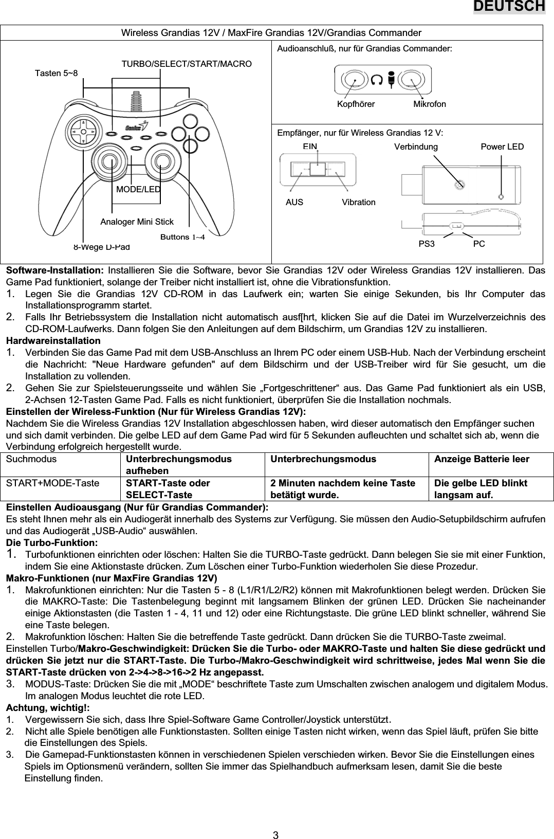 DEUTSCH38-Wege D-PadSoftware-Installation: Installieren Sie die Software, bevor Sie Grandias 12V oder Wireless Grandias 12V installieren. DasGame Pad funktioniert, solange der Treiber nicht installiert ist, ohne die Vibrationsfunktion.1. Legen Sie die Grandias 12V CD-ROM in das Laufwerk ein; warten Sie einige Sekunden, bis Ihr Computer dasInstallationsprogramm startet.2. Falls Ihr Betriebssystem die Installation nicht automatisch ausf[hrt, klicken Sie auf die Datei im Wurzelverzeichnis desCD-ROM-Laufwerks. Dann folgen Sie den Anleitungen auf dem Bildschirm, um Grandias 12V zu installieren.Hardwareinstallation1. Verbinden Sie das Game Pad mit dem USB-Anschluss an Ihrem PC oder einem USB-Hub. Nach der Verbindung erscheintdie Nachricht: &quot;Neue Hardware gefunden&quot; auf dem Bildschirm und der USB-Treiber wird für Sie gesucht, um dieInstallation zu vollenden.2. Gehen Sie zur Spielsteuerungsseite und wählen Sie „Fortgeschrittener“aus. Das Game Pad funktioniert als ein USB,2-Achsen 12-Tasten Game Pad. Falls es nicht funktioniert, überprüfen Sie die Installation nochmals.Einstellen der Wireless-Funktion (Nur für Wireless Grandias 12V):Nachdem Sie die Wireless Grandias 12V Installation abgeschlossen haben, wird dieser automatisch den Empfänger suchenund sich damit verbinden. Die gelbe LED auf dem Game Pad wird für 5 Sekunden aufleuchten und schaltet sich ab, wenn dieVerbindung erfolgreich hergestellt wurde.Suchmodus Unterbrechungsmodusaufheben Unterbrechungsmodus Anzeige Batterie leerSTART+MODE-Taste START-Taste oderSELECT-Taste 2 Minuten nachdem keine Tastebetätigt wurde. Die gelbe LED blinktlangsam auf.Einstellen Audioausgang (Nur für Grandias Commander):Es steht Ihnen mehr als ein Audiogerät innerhalb des Systems zur Verfügung. Sie müssen den Audio-Setupbildschirm aufrufenund das Audiogerät„USB-Audio“auswählen.Die Turbo-Funktion:1. Turbofunktionen einrichten oder löschen: Halten Sie die TURBO-Taste gedrückt. Dann belegen Sie sie mit einer Funktion,indem Sie eine Aktionstaste drücken. Zum Löschen einer Turbo-Funktion wiederholen Sie diese Prozedur.Makro-Funktionen (nur MaxFire Grandias 12V)1. Makrofunktionen einrichten: Nur die Tasten 5 - 8 (L1/R1/L2/R2) können mit Makrofunktionen belegt werden. Drücken Siedie MAKRO-Taste: Die Tastenbelegung beginnt mit langsamem Blinken der grünen LED. Drücken Sie nacheinandereinige Aktionstasten (die Tasten 1 - 4, 11 und 12) oder eine Richtungstaste. Die grüne LED blinkt schneller, während Sieeine Taste belegen.2. Makrofunktion löschen: Halten Sie die betreffende Taste gedrückt. Dann drücken Sie die TURBO-Taste zweimal.Einstellen Turbo/Makro-Geschwindigkeit: Drücken Sie die Turbo- oder MAKRO-Taste und halten Sie diese gedrückt unddrücken Sie jetzt nur die START-Taste. Die Turbo-/Makro-Geschwindigkeit wird schrittweise, jedes Mal wenn Sie dieSTART-Taste drücken von 2-&gt;4-&gt;8-&gt;16-&gt;2 Hz angepasst.3. MODUS-Taste: Drücken Sie die mit „MODE“beschriftete Taste zum Umschalten zwischen analogem und digitalem Modus.Im analogen Modus leuchtet die rote LED.Achtung, wichtig!:1. Vergewissern Sie sich, dass Ihre Spiel-Software Game Controller/Joystick unterstützt2. Nicht alle Spiele benötigen alle Funktionstasten. Sollten einige Tasten nicht wirken, wenn das Spiel läuft, prüfen Sie bittedie Einstellungen des Spiels.3. Die Gamepad-Funktionstasten können in verschiedenen Spielen verschieden wirken. Bevor Sie die Einstellungen einesSpiels im Optionsmenü verändern, sollten Sie immer das Spielhandbuch aufmerksam lesen, damit Sie die besteEinstellung finden.Wireless Grandias 12V / MaxFire Grandias 12V/Grandias CommanderAudioanschluß, nur für Grandias Commander:Kopfhörer MikrofonEmpfänger, nur für Wireless Grandias 12 V: EIN Verbindung Power LEDAUS VibrationPS3 PCButtons1~4MODE/LEDAnaloger Mini StickTasten 5~8TURBO/SELECT/START/MACRO