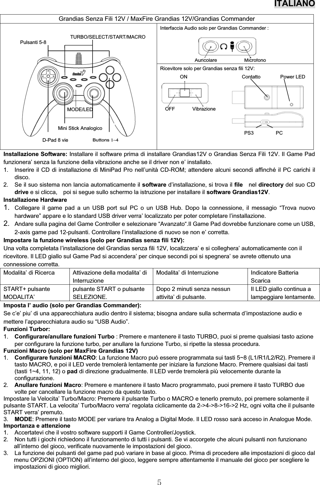 ITALIANO5Installazione Software: Installare il software prima di installare Grandias12V o Grandias Senza Fili 12V. Il Game Padfunzionera’ senza la funzione della vibrazione anche se il driver non e’ installato. 1. Inserire il CD di installazione di MiniPad Pro nell’unitàCD-ROM; attendere alcuni secondi affinchéil PC carichi ildisco.2. Se il suo sistema non lancia automaticamente il software d’installazione, si trova il file nel directory del suo CDdrive e si clicca, poi si segue sullo schermo la istruzione per installare il software Grandias12V.Installazione Hardware1. Collegare il game pad a un USB port sul PC o un USB Hub. Dopo la connessione, il messagio “Trova nuovohardware” appare e lo standard USB driver verra’ localizzato per poter completare l’installazione.2. Andare sulla pagina del Game Controller e selezionare “Avanzato“.Il Game Pad dovrebbe funzionare come un USB,2-axis game pad 12-pulsanti. Controllare l’installazione di nuovo se non e’ corretta.Impostare la funzione wireless (solo per Grandias senza fili 12V):Una volta completata l’installazione del Grandias senza fili 12V, localizzera’ e si colleghera’ automaticamente con il ricevitore. Il LED giallo sul Game Pad si accendera’ per cinque secondi poi si spegnera’ se avrete ottenuto una connessione corretta.Modalita’ di Ricerca Attivazione della modalita’ diInterruzioneModalita’ di Interruzione Indicatore BatteriaScaricaSTART+ pulsanteMODALITA’pulsante START o pulsanteSELEZIONE.Dopo 2 minuti senza nessun attivita’ di pulsante.Il LED giallo continua a lampeggiare lentamente.Imposta l’ audio (solo per Grandias Commander):Se c’e’ piu’ di una apparecchiatura audio dentro il sistema; bisogna andare sulla schermata d’impostazione audio e mettere l’apparecchiatura audio su “USB Audio”.Funzioni Turbor:1. Configurare/anullare funzioni Turbo : Premere e mantenere il tasto TURBO, puoi si preme qualsiasi tasto azioneper configurare la funzione turbo, per anullare la funzione Turbo, si ripette la stessa procedura.Funzioni Macro (solo per MaxFire Grandias 12V)1. Configurare funzioni MACRO: La funzione Macro puόessere programmata sui tasti 5~8 (L1/R1/L2/R2). Premere iltasto MACRO, e poi il LED verde tremolerà lentamente per iniziare la funzione Macro. Premere qualsiasi dai tasti(tasti 1~4, 11, 12) o pad di direzione gradualmente. Il LED verde tremolerà più velocemente durante la configurazione.2. Anullare funzioni Macro: Premere e mantenere il tasto Macro programmato, puoi premere il tasto TURBO due volte per cancellare la funzione macro da questo tasto. Impostare la Velocita’Turbo/Macro: Premere il pulsante Turbo o MACRO e tenerlo premuto, poi premere solamente il pulsante START. La velocita’Turbo/Macro verra’regolata ciclicamente da 2-&gt;4-&gt;8-&gt;16-&gt;2 Hz, ogni volta che il pulsanteSTART verra’premuto.3. MODE: Premere il tasto MODE per variare tra Analog a Digital Mode. Il LED rosso sarà acceso in Analogue Mode.Importanza e attenzione1. Accertatevi che il vostro software supporti il Game Controller/Joystick.2. Non tutti i giochi richiedono il funzionamento di tutti i pulsanti. Se vi accorgete che alcuni pulsanti non funzionano all’interno del gioco, verificate nuovamente le impostazioni del gioco. 3. La funzione dei pulsanti del game pad puòvariare in base al gioco. Prima di procedere alle impostazioni di gioco dalmenu OPZIONI (OPTION) all’interno del gioco, leggere sempre attentamente il manuale del gioco per scegliere leimpostazioni di gioco migliori.Grandias Senza Fili 12V / MaxFire Grandias 12V/Grandias CommanderInterfaccia Audio solo per Grandias Commander :Auricolare MicrofonoRicevitore solo per Grandias senza fili 12V: ON Contatto Power LEDOFF VibrazionePS3 PCButtons1~4D-Pad 8 vieMODE/LEDMini Stick AnalogicoPulsanti 5-8TURBO/SELECT/START/MACRO