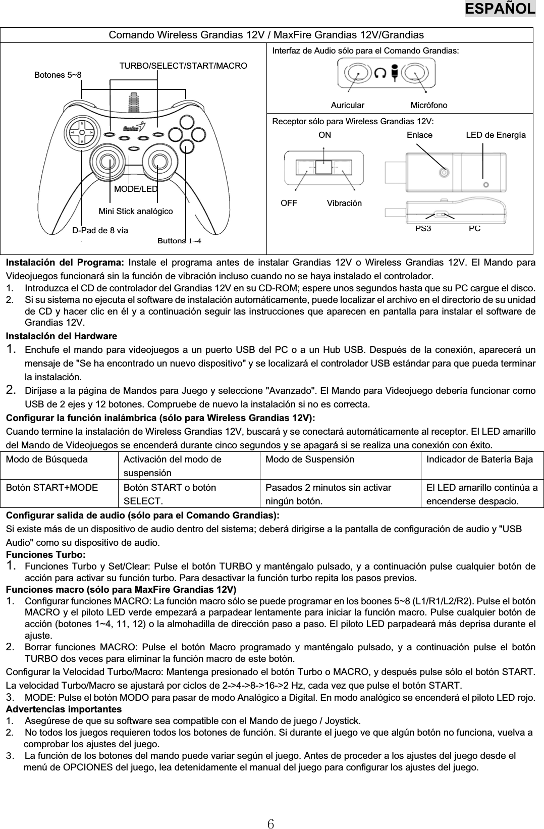 ESPAÑOL6Instalación del Programa: Instale el programa antes de instalar Grandias 12V o Wireless Grandias 12V. El Mando paraVideojuegos funcionará sin la función de vibración incluso cuando no se haya instalado el controlador.1. Introduzca el CD de controlador del Grandias 12V en su CD-ROM; espere unos segundos hasta que su PC cargue el disco.2. Si su sistema no ejecuta el software de instalación automáticamente, puede localizar el archivo en el directorio de su unidadde CD y hacer clic en él y a continuación seguir las instrucciones que aparecen en pantalla para instalar el software deGrandias 12V.Instalación del Hardware1. Enchufe el mando para videojuegos a un puerto USB del PC o a un Hub USB. Despuésdelaconexión, apareceráunmensaje de &quot;Se ha encontrado un nuevo dispositivo&quot; y se localizaráel controlador USB estándar para que pueda terminarla instalación.2. Diríjase a la página de Mandos para Juego y seleccione &quot;Avanzado&quot;. El Mando para Videojuego debería funcionar comoUSB de 2 ejes y 12 botones. Compruebe de nuevo la instalación si no es correcta.Configurar la función inalámbrica (sólo para Wireless Grandias 12V):Cuando termine la instalación de Wireless Grandias 12V, buscará y se conectaráautomáticamente al receptor. El LED amarillodel Mando de Videojuegos se encenderádurante cinco segundos y se apagará si se realiza una conexión con éxito.Modo de Búsqueda Activación del modo desuspensiónModo de Suspensión Indicador de Batería BajaBotón START+MODE Botón START o botónSELECT.Pasados 2 minutos sin activarningún botón.El LED amarillo continúaaencenderse despacio.Configurar salida de audio (sólo para el Comando Grandias):Si existe más de un dispositivo de audio dentro del sistema; deberádirigirse a la pantalla de configuracióndeaudioy&quot;USBAudio&quot; como su dispositivo de audio.Funciones Turbo:1. Funciones Turbo y Set/Clear: Pulse el botón TURBO y manténgalo pulsado, y a continuación pulse cualquier botóndeacción para activar su función turbo. Para desactivar la función turbo repita los pasos previos.Funciones macro (sólo para MaxFire Grandias 12V)1. Configurar funciones MACRO: La función macro sólo se puede programar en los boones 5~8 (L1/R1/L2/R2). Pulse el botónMACRO y el piloto LED verde empezaráa parpadear lentamente para iniciar la función macro. Pulse cualquier botóndeacción (botones 1~4, 11, 12) o la almohadilla de dirección paso a paso. El piloto LED parpadeará más deprisa durante elajuste.2. Borrar funciones MACRO: Pulse el botón Macro programado y manténgalo pulsado, y a continuación pulse el botónTURBO dos veces para eliminar la función macro de este botón.Configurar la Velocidad Turbo/Macro: Mantenga presionado el botón Turbo o MACRO, y después pulse sólo el botónSTART.La velocidad Turbo/Macro se ajustarápor ciclos de 2-&gt;4-&gt;8-&gt;16-&gt;2 Hz, cada vez que pulse el botón START.3. MODE: Pulse el botón MODO para pasar de modo Analógico a Digital. En modo analógico se encenderáel piloto LED rojo.Advertencias importantes1. Asegúrese de que su software sea compatible con el Mando de juego / Joystick.2. No todos los juegos requieren todos los botones de función. Si durante el juego ve que algúnbotón no funciona, vuelva acomprobar los ajustes del juego.3. La función de los botones del mando puede variar según el juego. Antes de proceder a los ajustes del juego desde elmenúde OPCIONES del juego, lea detenidamente el manual del juego para configurar los ajustes del juego.Comando Wireless Grandias 12V / MaxFire Grandias 12V/GrandiasInterfaz de Audio sólo para el Comando Grandias:Auricular MicrófonoReceptor sólo para Wireless Grandias 12V: ON Enlace LED de EnergíaOFF VibraciónPS3 PCButtons1~4D-Pad de 8 víaMODE/LEDMini Stick analógicoBotones 5~8TURBO/SELECT/START/MACRO