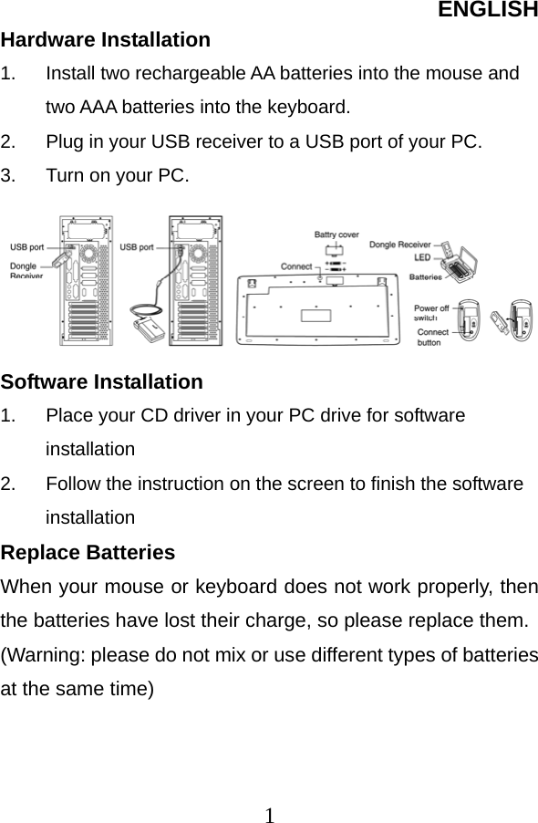 ENGLISH  1Hardware Installation 1.  Install two rechargeable AA batteries into the mouse and two AAA batteries into the keyboard. 2.  Plug in your USB receiver to a USB port of your PC. 3.  Turn on your PC.  Software Installation 1.  Place your CD driver in your PC drive for software installation  2.  Follow the instruction on the screen to finish the software installation Replace Batteries When your mouse or keyboard does not work properly, then the batteries have lost their charge, so please replace them. (Warning: please do not mix or use different types of batteries at the same time)    