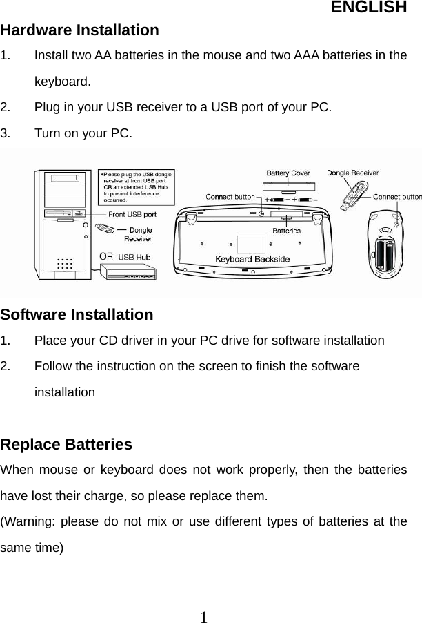 ENGLISH  1Hardware Installation 1.  Install two AA batteries in the mouse and two AAA batteries in the keyboard. 2.  Plug in your USB receiver to a USB port of your PC. 3.  Turn on your PC.       Software Installation 1.  Place your CD driver in your PC drive for software installation   2.  Follow the instruction on the screen to finish the software installation  Replace Batteries When mouse or keyboard does not work properly, then the batteries have lost their charge, so please replace them. (Warning: please do not mix or use different types of batteries at the same time)  