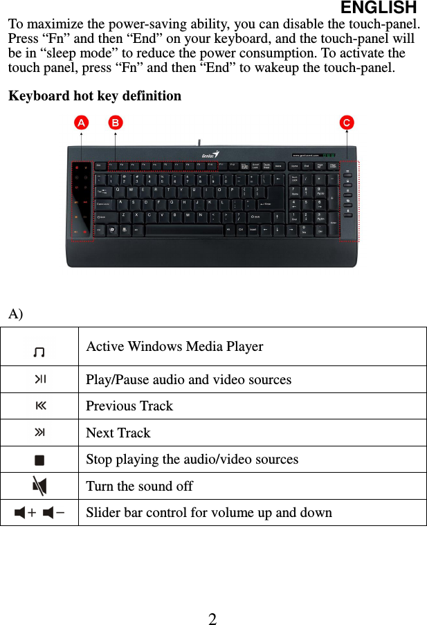 ENGLISH  2 To maximize the power-saving ability, you can disable the touch-panel. Press “Fn” and then “End” on your keyboard, and the touch-panel will be in “sleep mode” to reduce the power consumption. To activate the touch panel, press “Fn” and then “End” to wakeup the touch-panel.  Keyboard hot key definition          A)    Active Windows Media Player  Play/Pause audio and video sources  Previous Track  Next Track  Stop playing the audio/video sources  Turn the sound off     Slider bar control for volume up and down 