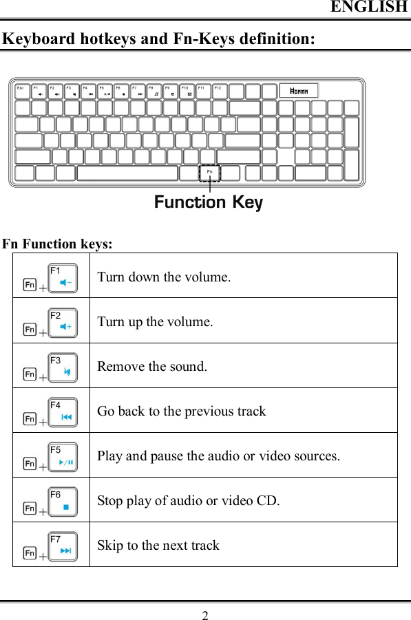 ENGLISH  2Keyboard hotkeys and Fn-Keys definition:  Fn Function keys: + Turn down the volume. + Turn up the volume. + Remove the sound. + Go back to the previous track + Play and pause the audio or video sources. + Stop play of audio or video CD. + Skip to the next track 