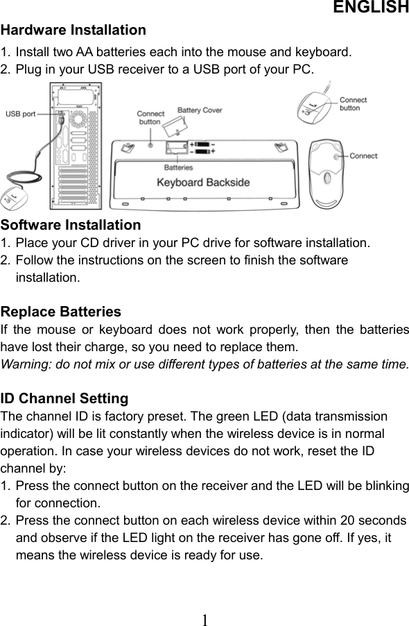 ENGLISH  1Hardware Installation 1. Install two AA batteries each into the mouse and keyboard. 2. Plug in your USB receiver to a USB port of your PC.     Software Installation 1. Place your CD driver in your PC drive for software installation. 2. Follow the instructions on the screen to finish the software installation.  Replace Batteries If the mouse or keyboard does not work properly, then the batteries have lost their charge, so you need to replace them. Warning: do not mix or use different types of batteries at the same time.  ID Channel Setting   The channel ID is factory preset. The green LED (data transmission indicator) will be lit constantly when the wireless device is in normal operation. In case your wireless devices do not work, reset the ID channel by: 1. Press the connect button on the receiver and the LED will be blinking for connection. 2. Press the connect button on each wireless device within 20 seconds and observe if the LED light on the receiver has gone off. If yes, it means the wireless device is ready for use.   