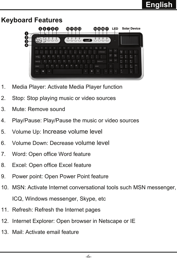  English  -6- Keyboard Features        1.  Media Player: Activate Media Player function 2. Stop: Stop playing music or video sources 3. Mute: Remove sound 4.  Play/Pause: Play/Pause the music or video sources 5. Volume Up: Increase volume level 6. Volume Down: Decrease volume level 7.  Word: Open office Word feature 8.  Excel: Open office Excel feature 9.  Power point: Open Power Point feature 10.  MSN: Activate Internet conversational tools such MSN messenger, ICQ, Windows messenger, Skype, etc 11.  Refresh: Refresh the Internet pages 12.  Internet Explorer: Open browser in Netscape or IE 13.  Mail: Activate email feature 