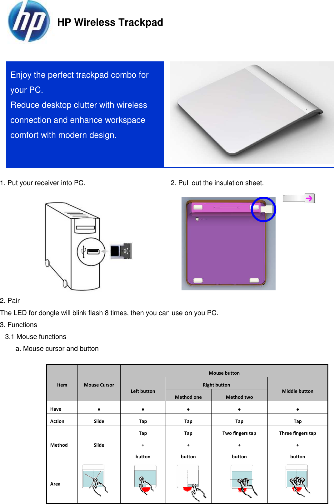                     1. Put your receiver into PC.                                                  2. Pull out the insulation sheet.   2. Pair The LED for dongle will blink flash 8 times, then you can use on you PC. 3. Functions 3.1 Mouse functions a. Mouse cursor and button  Item  Mouse Cursor Mouse button Left button Right button Middle button Method one  Method two Have  ● ● ● ● ● Action  Slide  Tap  Tap  Tap  Tap Method  Slide Tap + button Tap + button Two fingers tap + button Three fingers tap + button Area          Enjoy the perfect trackpad combo for your PC. Reduce desktop clutter with wireless connection and enhance workspace comfort with modern design. HP Wireless Trackpad 