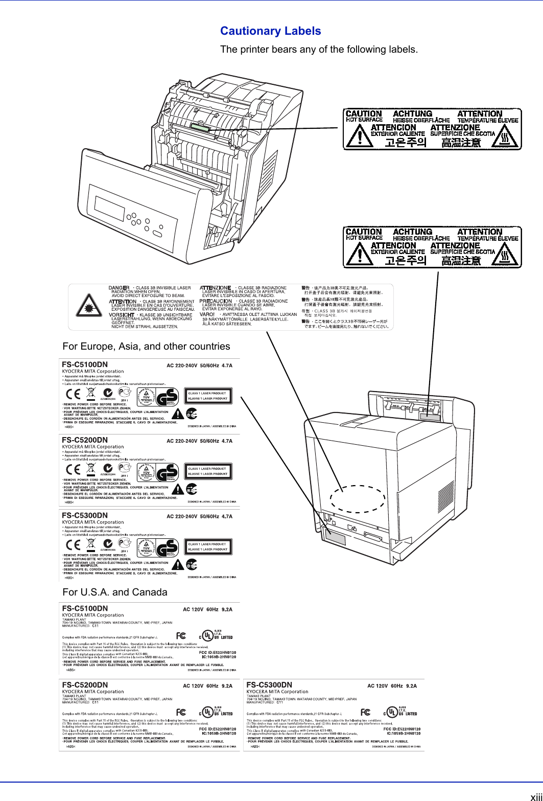  xiiiCautionary LabelsThe printer bears any of the following labels.For Europe, Asia, and other countriesFor U.S.A. and Canada